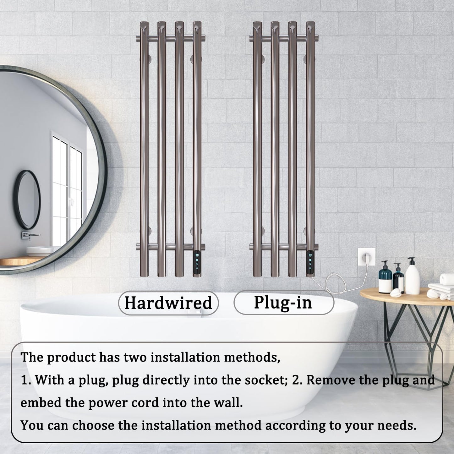 Sèche-Serviette Électrique Chrome, 100 W Chauffe-Serviettes 950 x 257 mm WiFi Intelligent Porte-Serviettes Chauffant Électrique Commande Tactile à LED Radiateur de Salle de Bain avec 8 Crochets