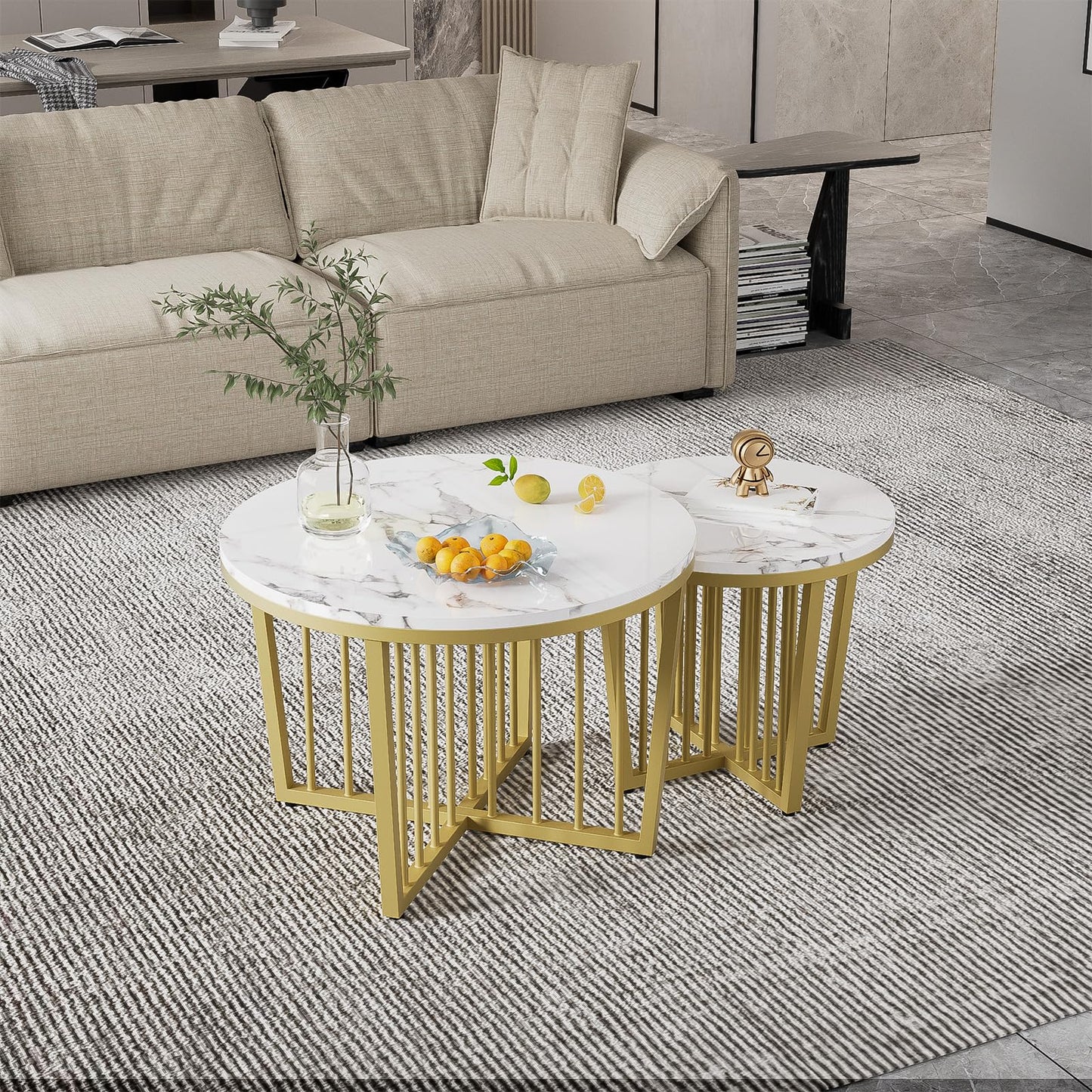 Peiaw Table Basse,Table de Salon,Table Basse Ronde,Lot de 2 Tables Basses,Table de Salon Moderne,Aspect marbre Blanc Brillant et Cadre en Acier doré,Table de Salon 70x70x50cm et 50x50x45cm