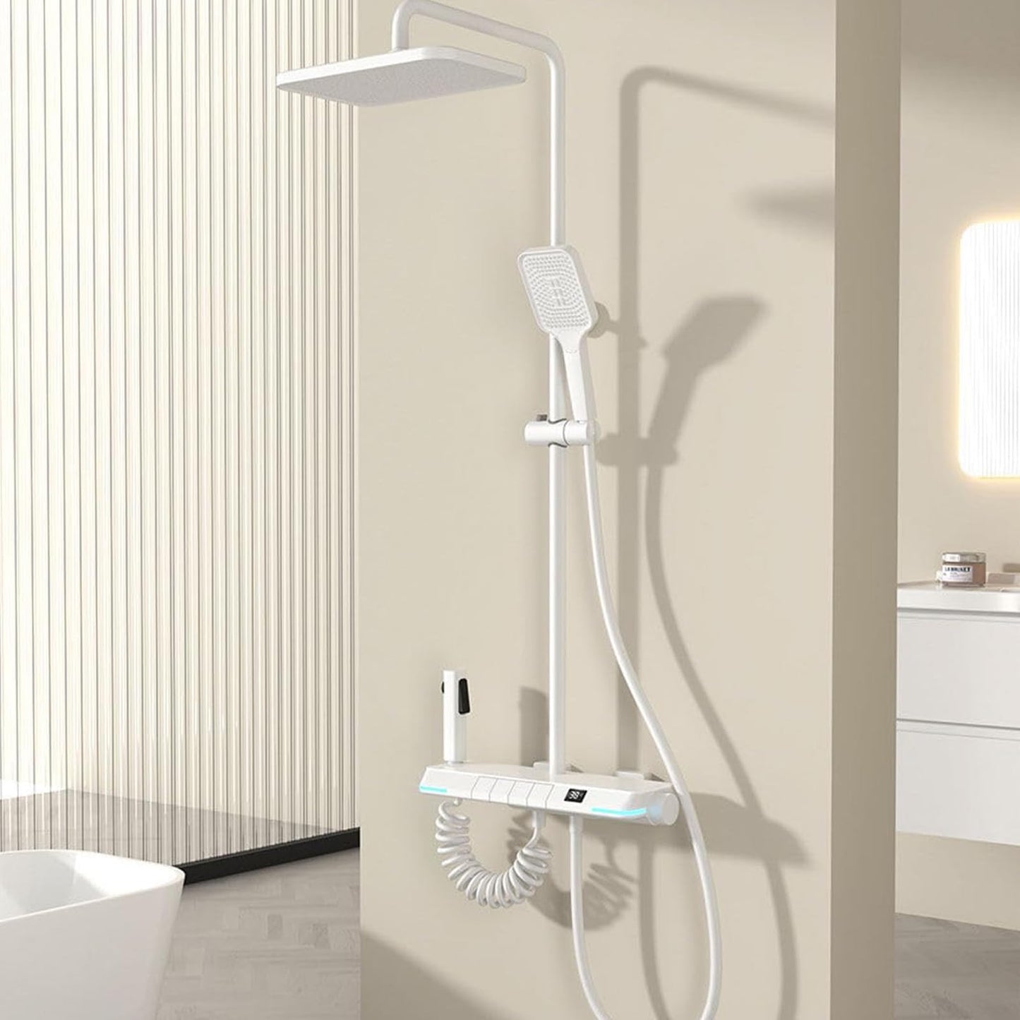OihPaw Colonne de Douche Thermostatique Affichage Numérique Ensemble Douche 4 Fonctions Kit de Douche Système de Douche avec 30 * 20cm Douche de Tête, Pommeau Douche, Mitigeur Douche