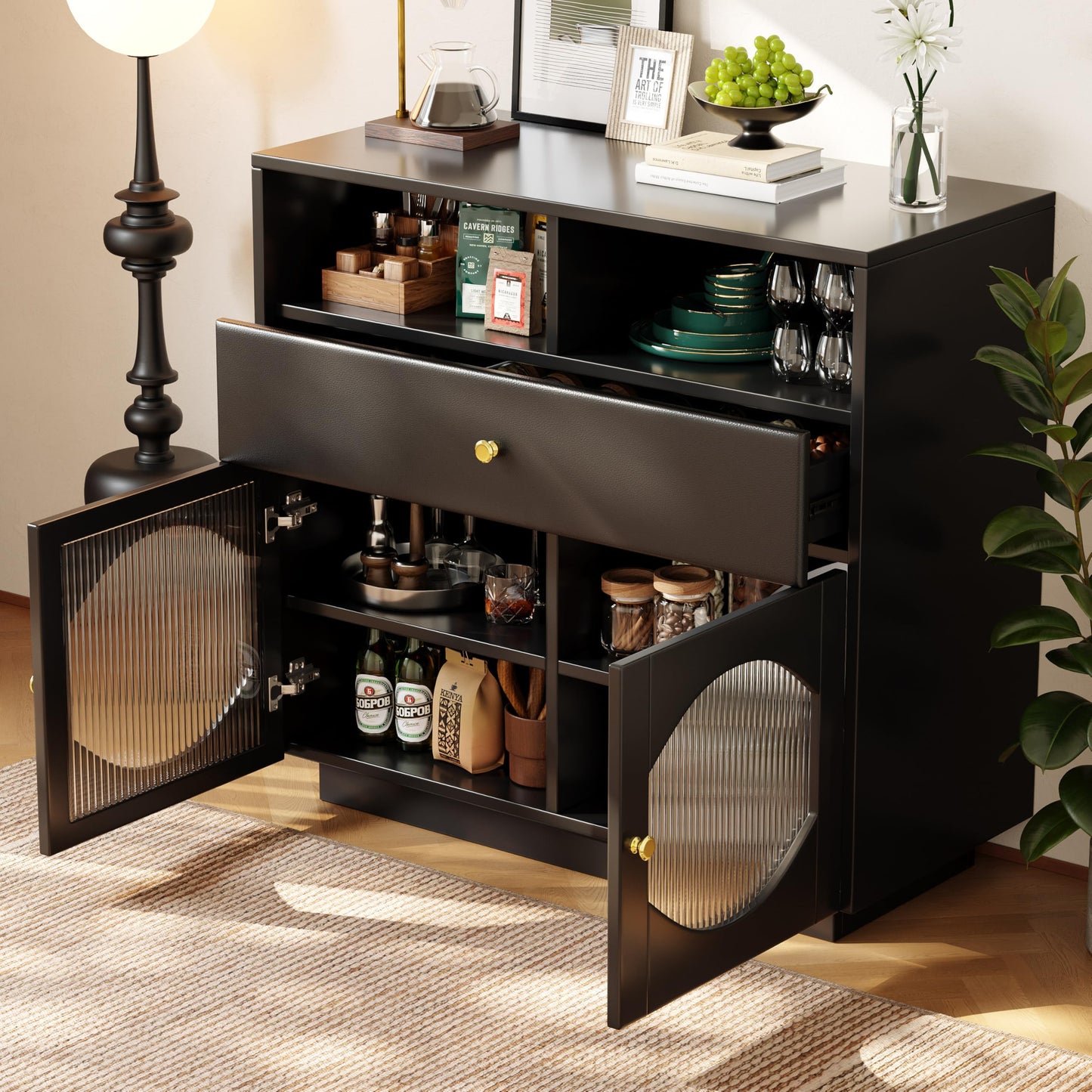Buffet Salon avec Portes en Verre, Meuble de Cuisine Moderne de Luxe avec 1 Tiroir, 2 Portes et 2 Cloisons Ouvertes, Bahut Buffet de Salle à Manger, 100 × 40 × 90,5cm, Facile à Assembler, Blanc/Noir