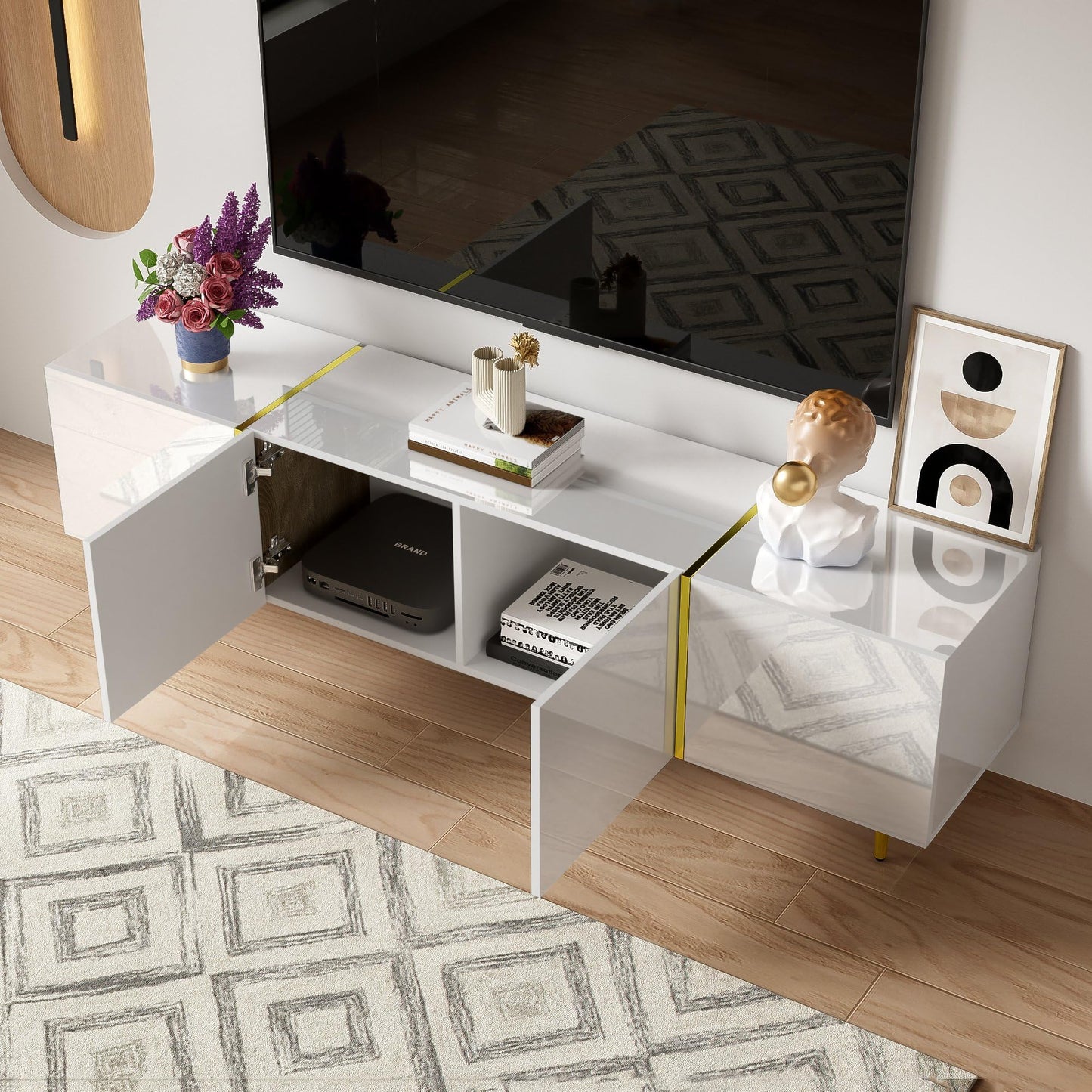 Meuble TV Moderne et Simple, 170 cm Banc TV Brillant avec Quatre Portes, Accents Dorés, Console Multimédia TV pour Les TV jusqu'à 70", Grand Espace de Rangement, Meuble Salon, Facile à Assembler