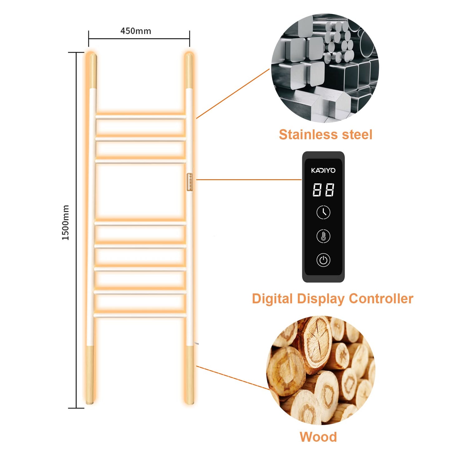Sèche Serviettes Électrique Porte-Serviettes sur Pied, 150 * 45CM, 110W Porte Chauffe Serviettes Intelligent avec Minuterie Température Réglable, Échelle Porte Serviette Economie D'énergie