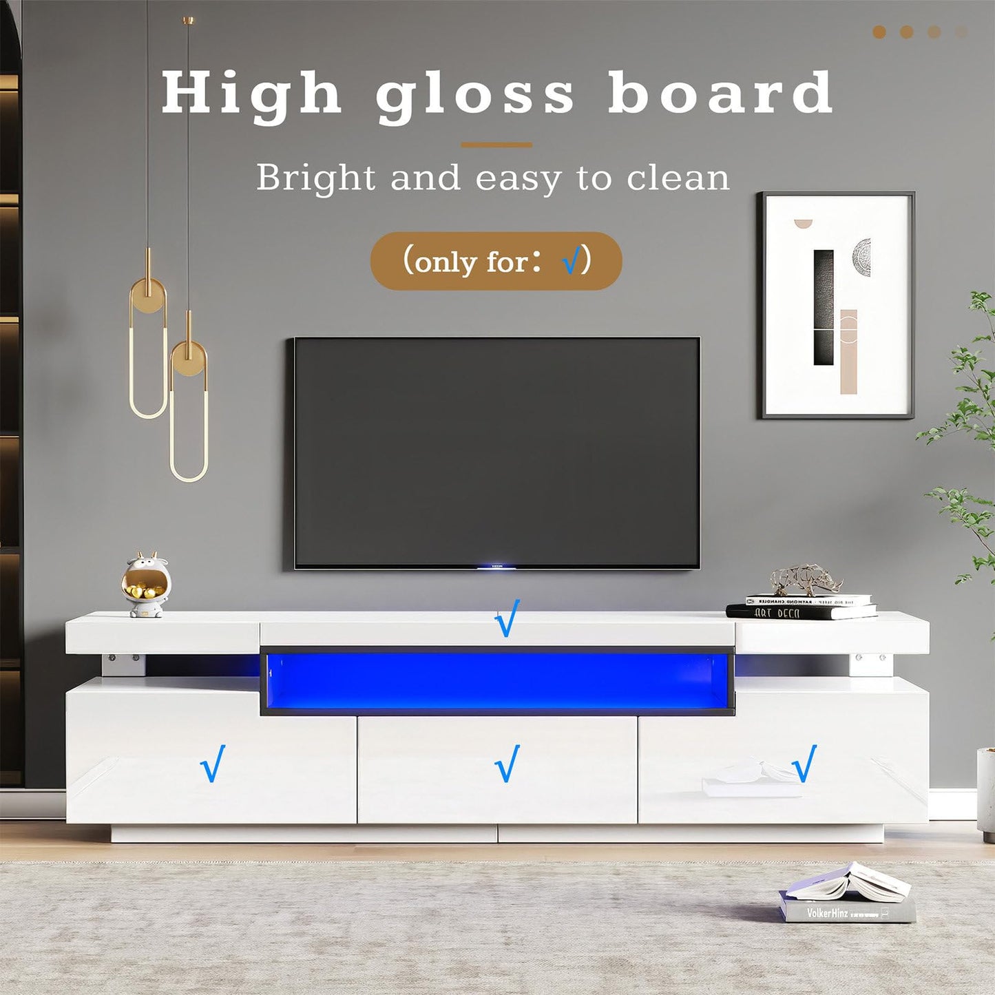 Meuble TV de 160 cm - Peut accueillir des téléviseurs de 70 à 79 pouces - Avec éclairage LED 16 couleurs - Design brillant élégant avec 3 tiroirs - Rail coulissant de qualité supérieure - 160 x 39 x