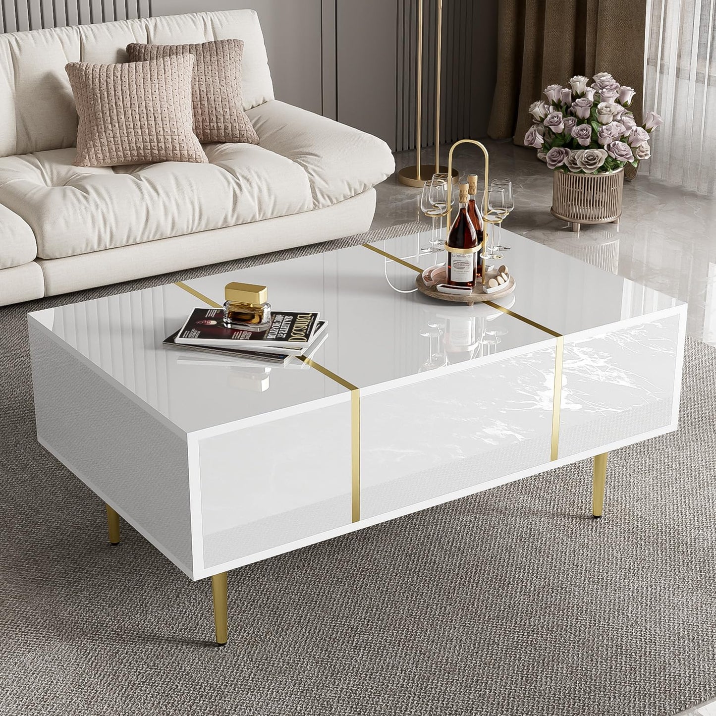 Peiaw Table Basse,Table Basse Salon,Blanc Table Basse Brillante,Table Basse carrée Moderne,Table Basse avec Deux tiroirs,Pieds de Table dorés,Garde au Sol 19,5 cm,Table Basse 100 x 60 x 41,5cm