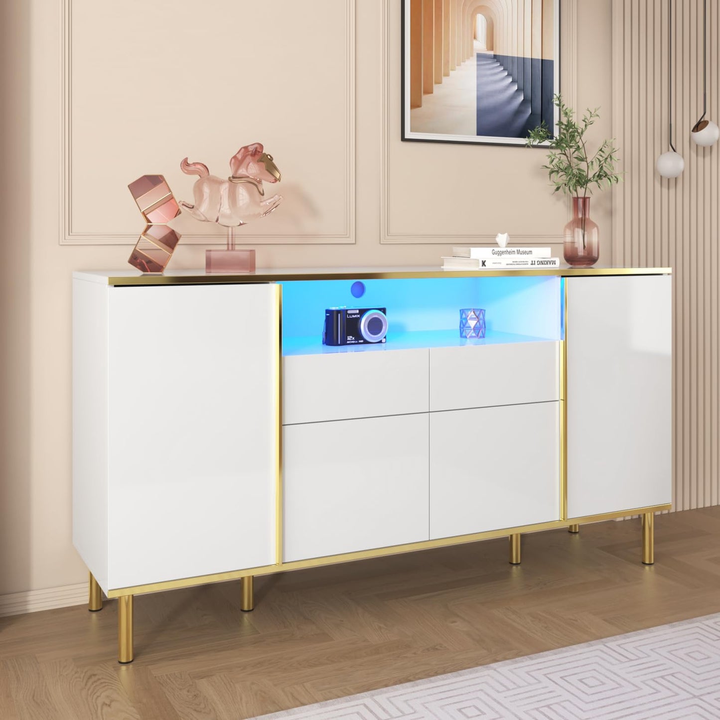 Peiaw Buffet,bahut Salon,Buffet avec 4 Portes et 2 tiroirs,Buffet avec éclairage LED,Meuble Chambre,Meuble Rangement Cuisine 150 x 40 x 80 cm,Commode de Style Moderne,Buffet avec Rangement Ouvert