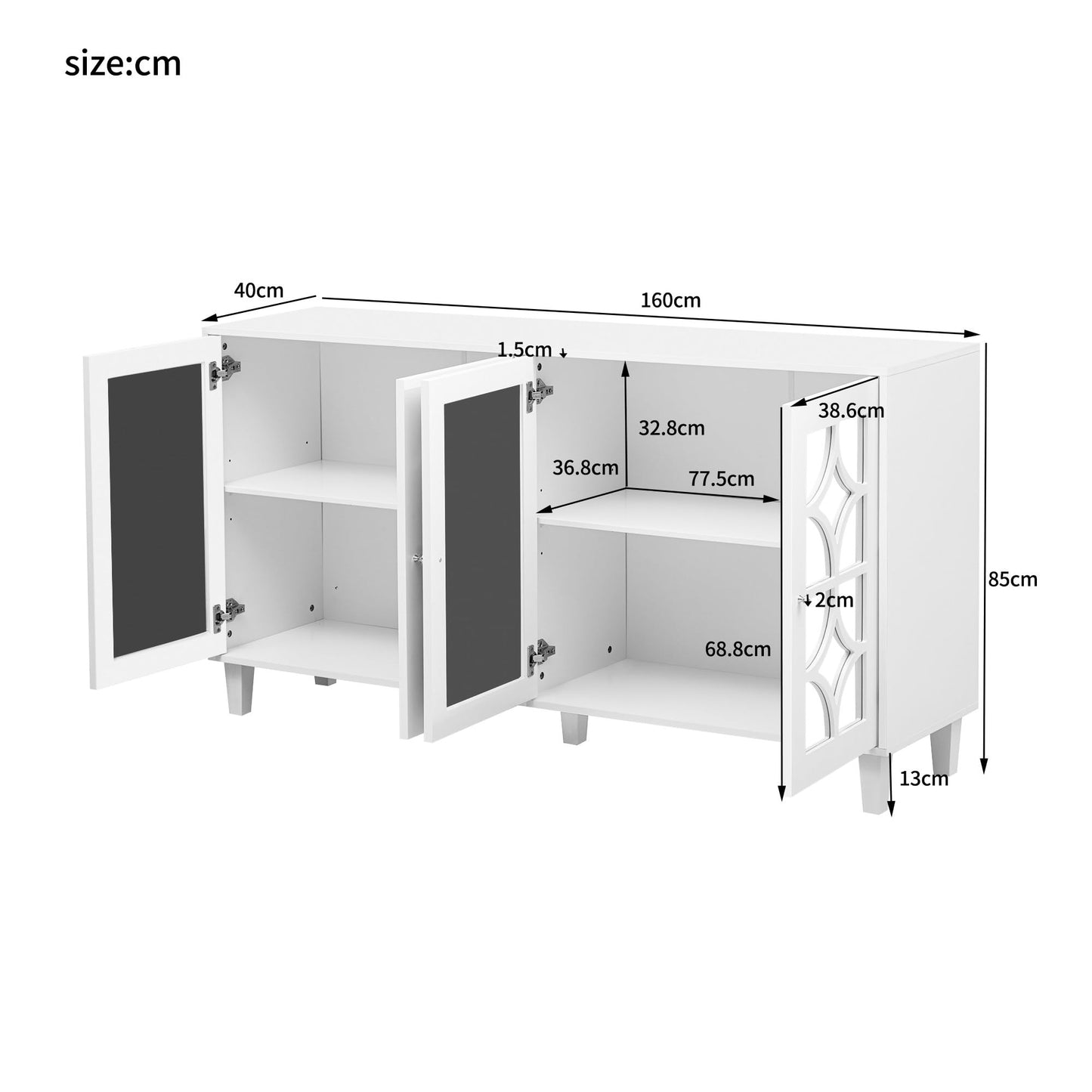Buffet Moderne avec 4 Portes Miroir, Buffet Miroir avec Poignées en Cristal Froid, Stratifié Mobile, Armoire de Cuisine, Bahut pour Salon et Salle à manger, 160 x 40 x 85 cm, Blanc/Bois et Marron