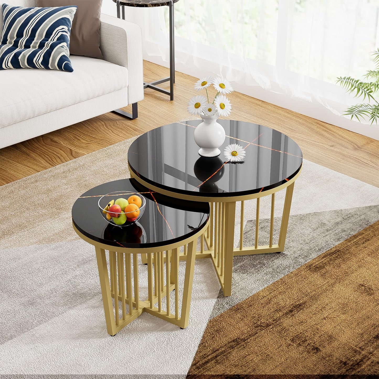 Peiaw Table Basse,Table de Salon,Table Basse Ronde,Lot de 2 Tables Basses,Table de Salon Moderne,Aspect marbre Noir Brillant et Cadre en Acier doré,Table de Salon 70x70x50cm et 50x50x45cm