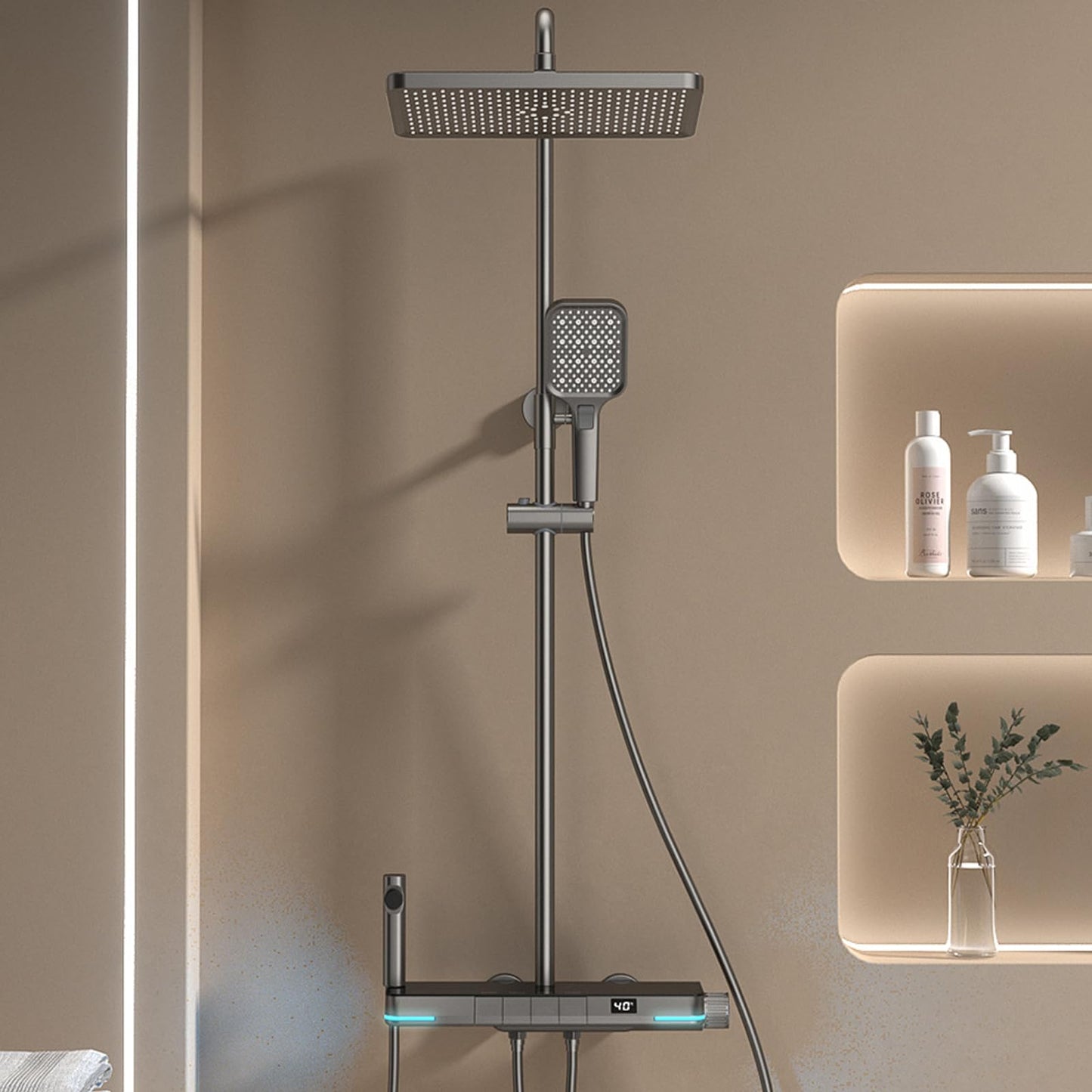 OihPaw Colonne de Douche Thermostatique Gris Affichage Numérique Ensemble Douche 4 Fonctions Kit de Douche Système de Douche avec 30 * 20cm Douche de Tête, Pommeau Douche, Mitigeur Douche