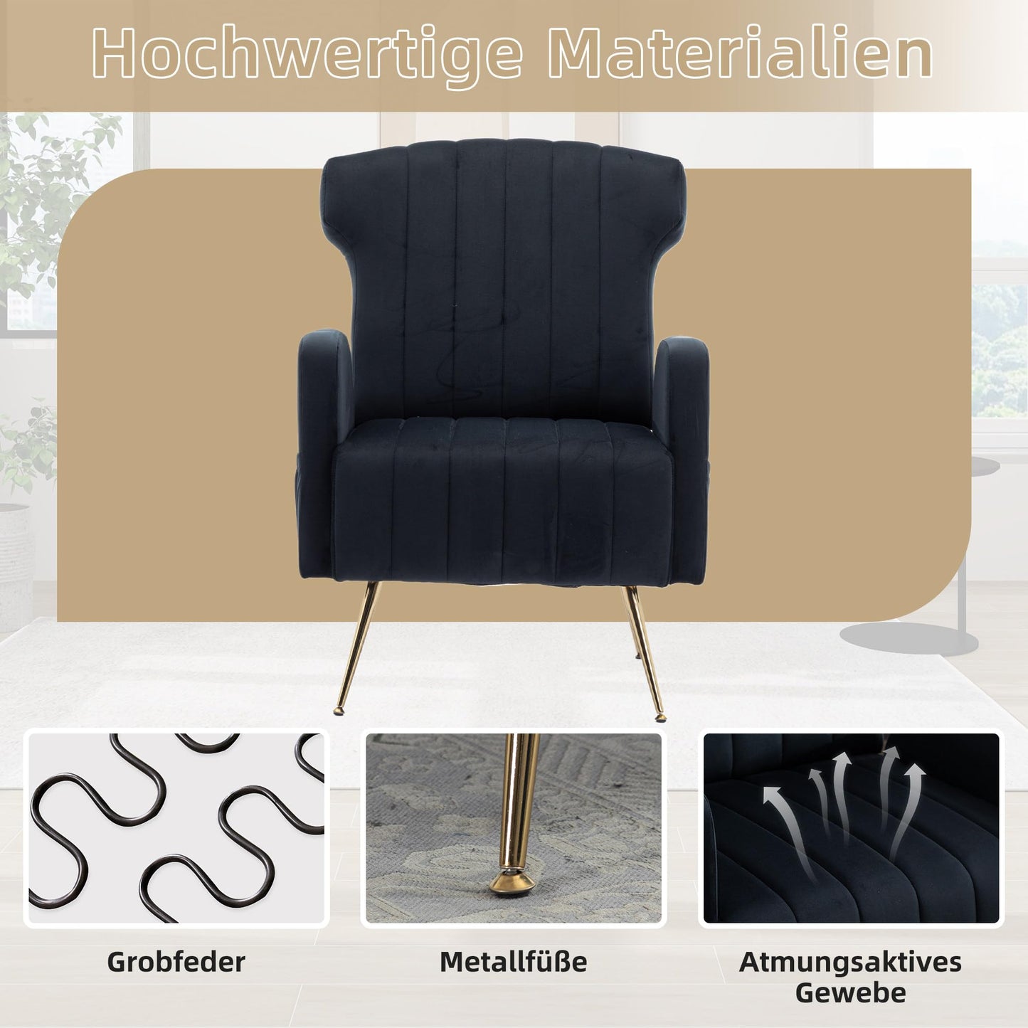 SHUGUANG Fauteuil Confortable Velours, Fauteuil Salon Confortable Chaise Coiffeuse avec Pieds Métalliques Dorés, Forme de Chaise Cigare Chaise de Lecture en Vigueur Chambre à Coucher, Salon