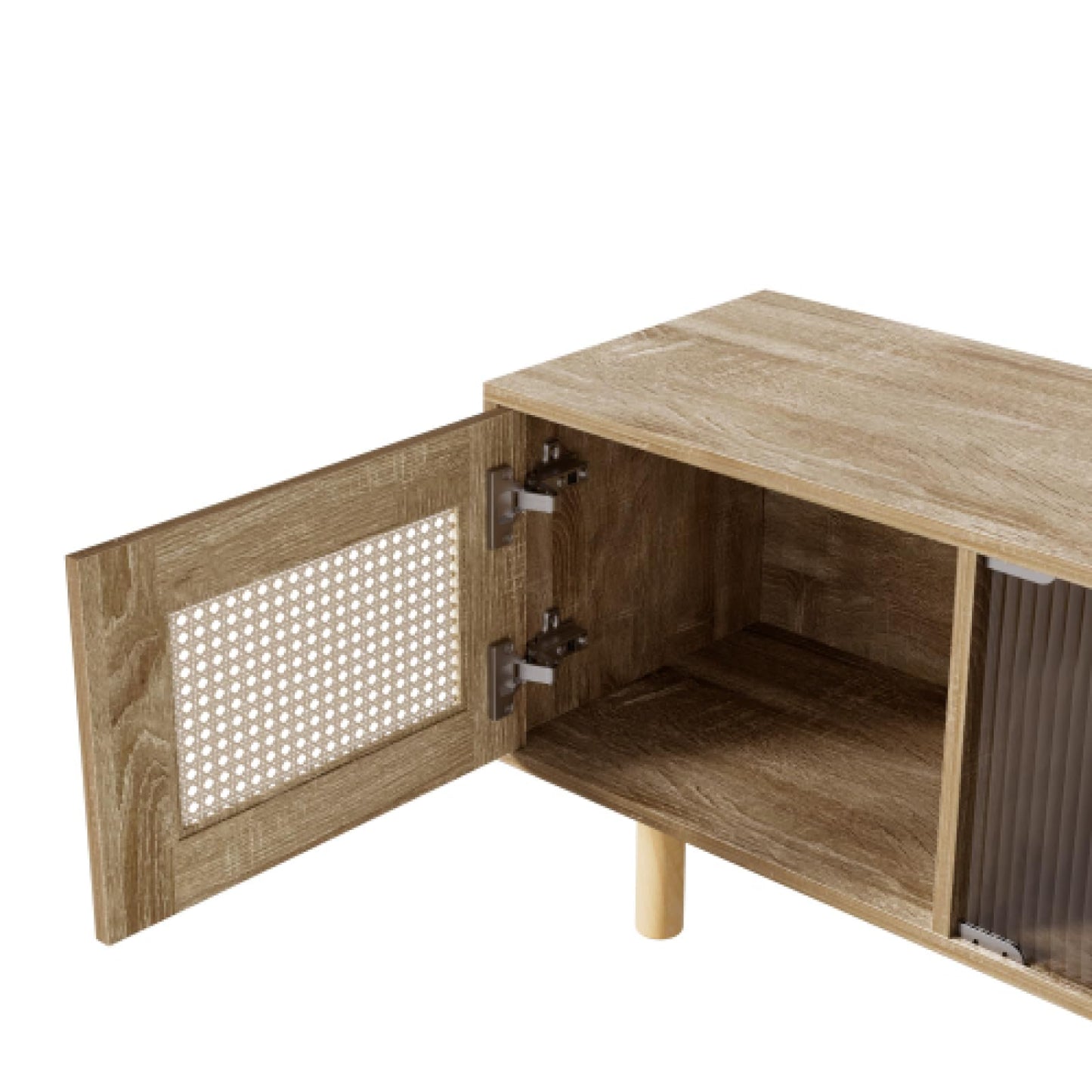 Meuble TV,Meuble TV avec Porte en rotin,Meuble TV en Bois avec Porte coulissante en Verre,Table TV, Banc TV avec Deux tiroirs,Meuble TV avec cloisons Ouvertes,Meuble TV Salon Dimensions 172x35x48cm