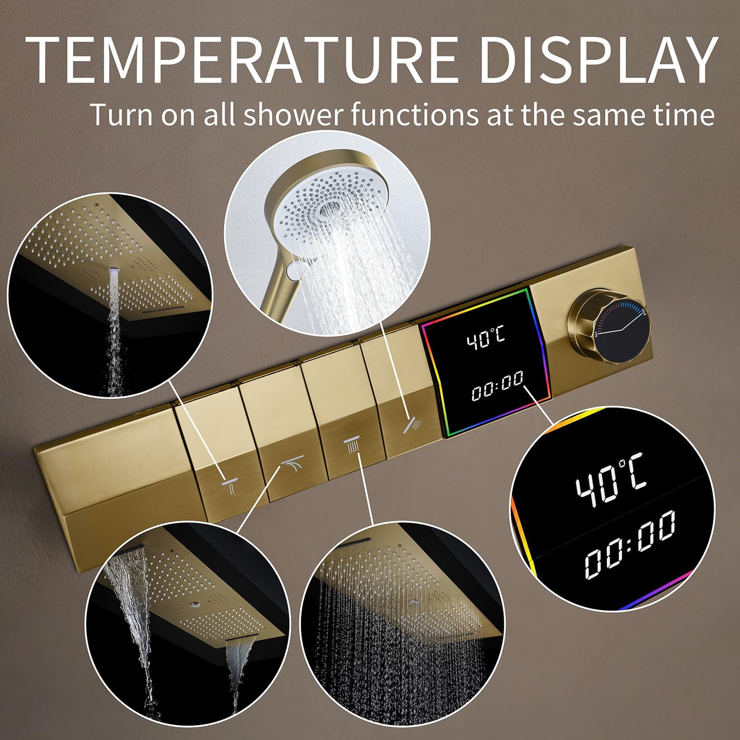 OihPaw Colonne De Douche Thermostatique Musique Or Brossé,300x900mm LED 64 Couleurs 4 Fonctions SystèMe De Douche EncastréE,Acier Inoxydable 304,Pluie,Cascade,Colonne D'Eau
