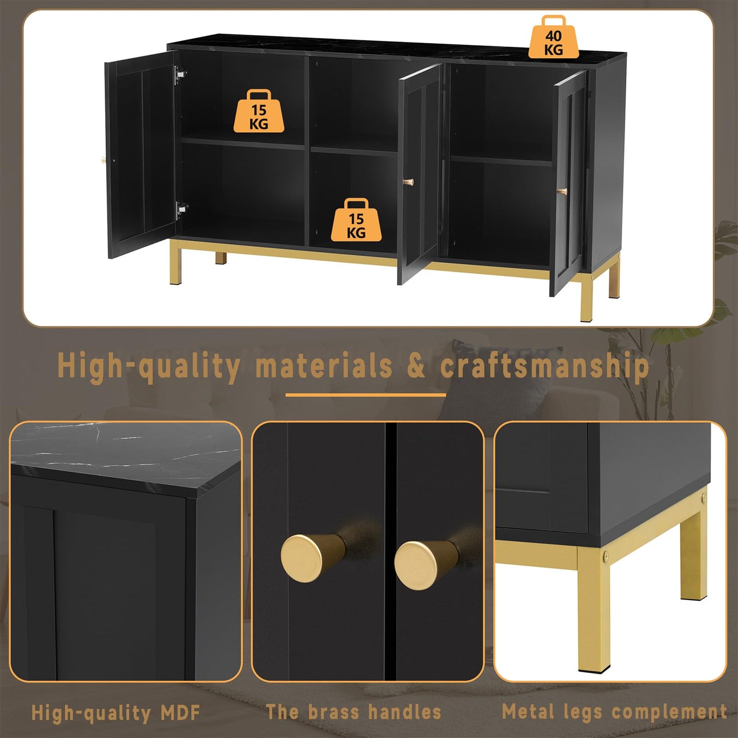 Peiaw Buffet,Armoire de Cuisine, Meuble de Rangement,Buffet de Table en marbre Noir,avec 3 Portes,Buffet avec poignées dorées et Pieds dorés,140 x 39.8X 78.2 cm,pour Cuisine,Salon et Salle à Manger