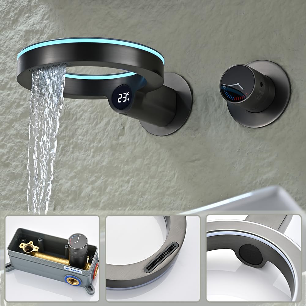 Robinet Lavabo, Gris Pistolet Robinet Mural Affichage de La Température LED Robinet Salle Bain eau Chaude et Froide Mitigeur Salle de Bain Robinet Cascade Mural Salle de Bain