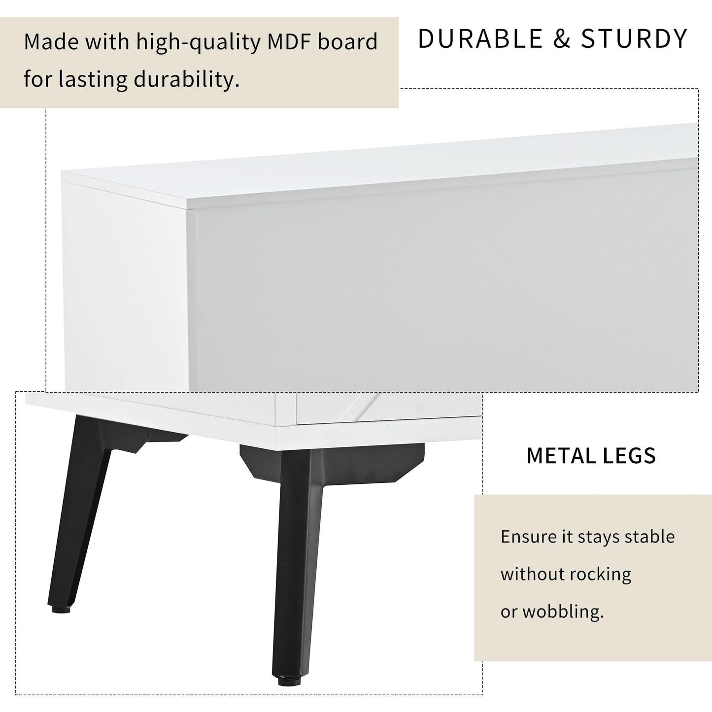 170cm Meuble TV Blanc pour TV 70 pouces, Moderne et Simple Banc TV avec 2 Portes et 1 Tiroir, Séparateurs Internes Réglables, Pieds en Métal Robustes avec Coussinets Souples, Facile à Assembler