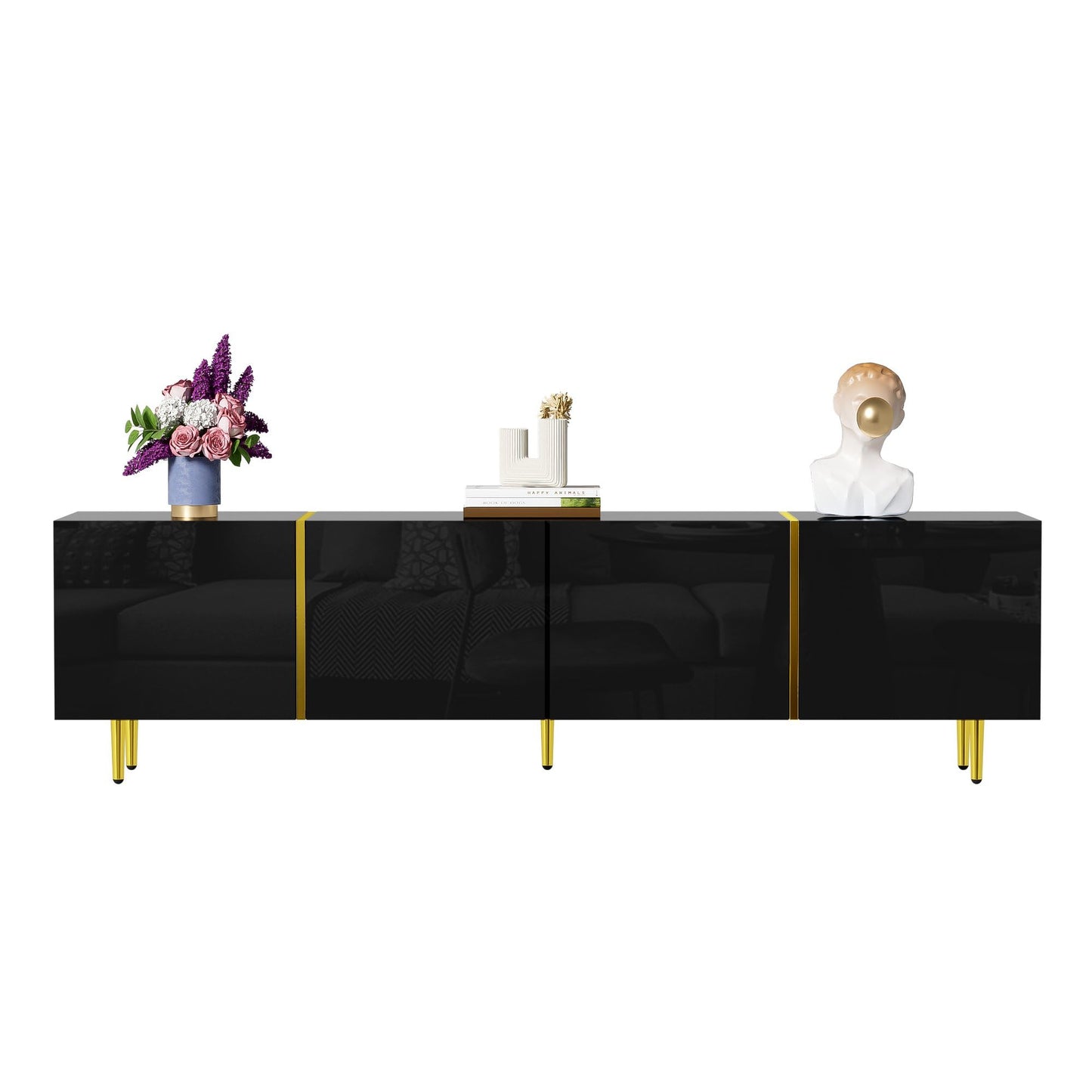 Meuble TV Moderne et Simple, 170 cm Banc TV Brillant avec Quatre Portes, Accents Dorés, Console Multimédia TV pour Les TV jusqu'à 70", Grand Espace de Rangement, Meuble Salon, Facile à Assembler