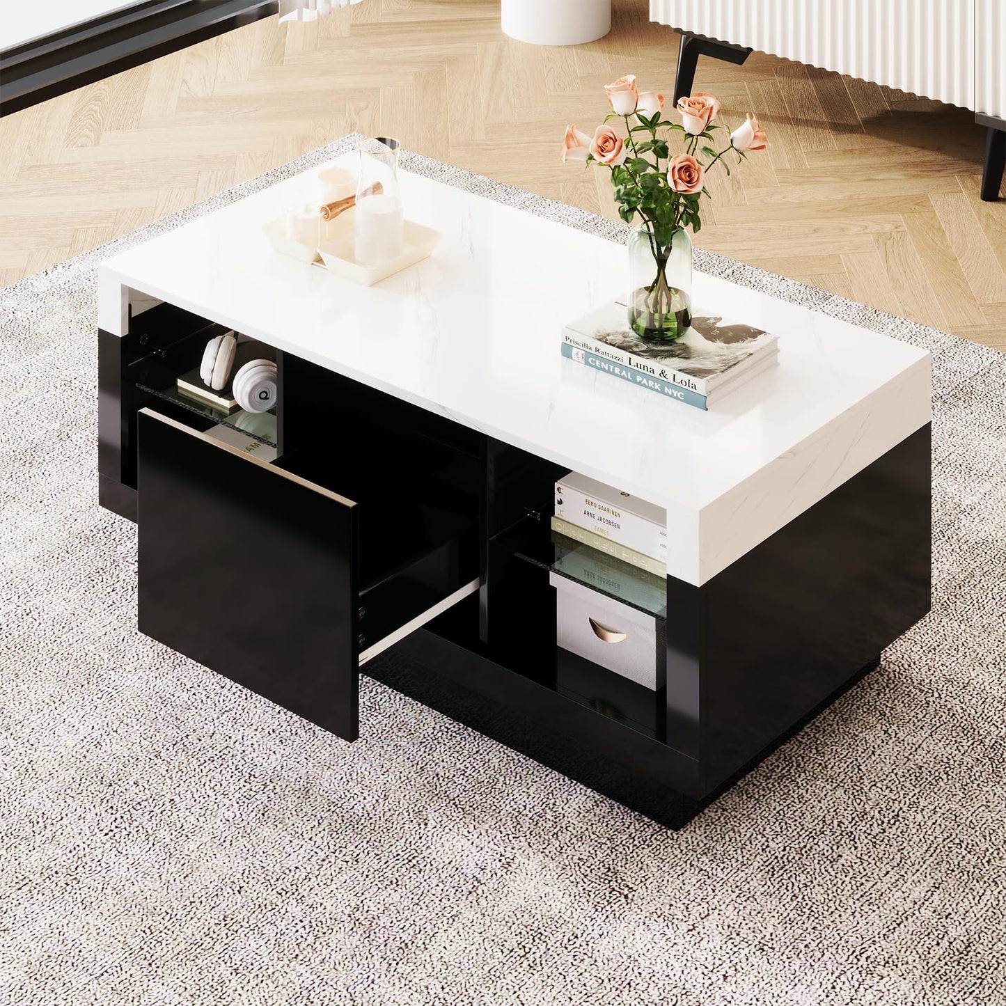 Table basse,Table basse salon,Table basse blanche et noire,Table basse aspect marbre brillant,Table basse avec un tiroir,Cloisons en verre des deux côtés avec éclairage LED,Table basse 100x42x50cm