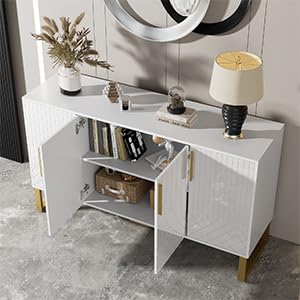 Peiaw Buffet,Meuble de Cuisine Rangement,Blanc bahut,Buffet 4 Portes, Armoire de Cuisine, Buffet avec poignées et Pieds en métal, 140 x 40 x 80 cm, adapté pour Chambre, Salon, Balcon, Bureau.