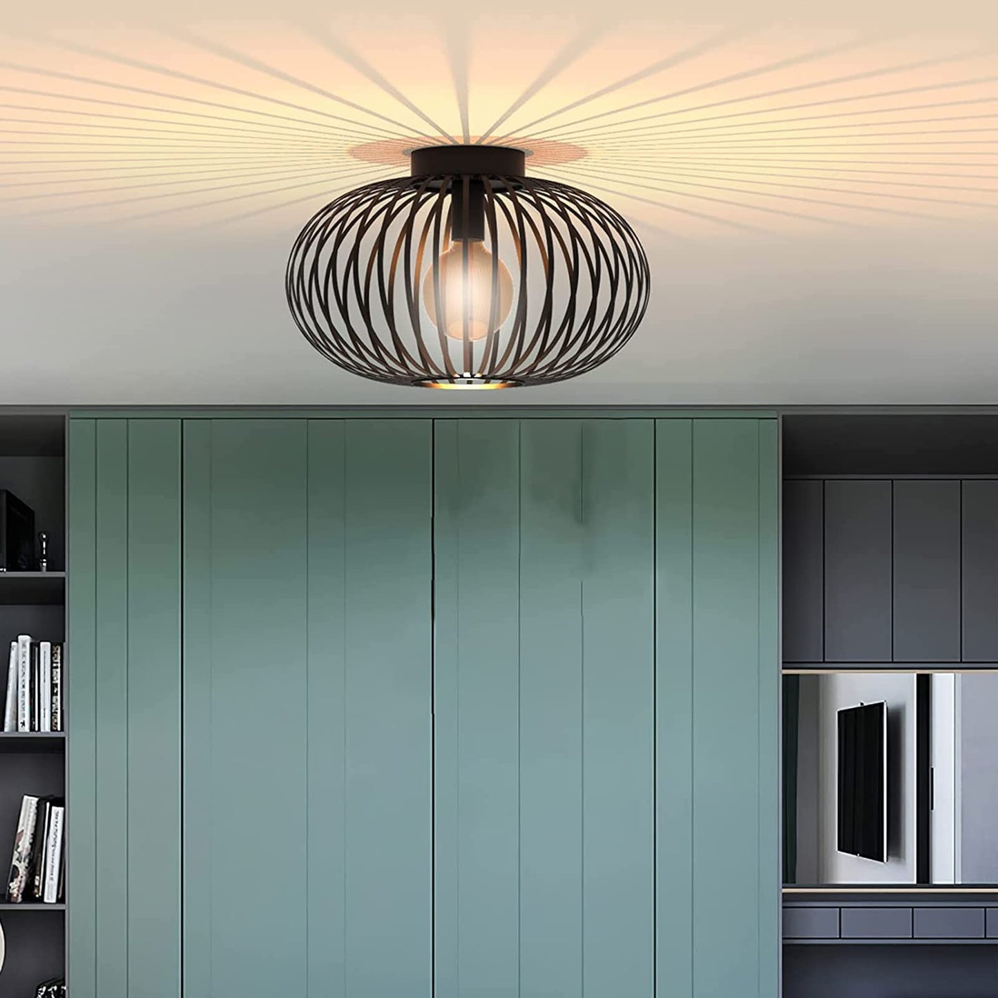 Plafonnier rétro,Plafonnier Industrielle Retro en Métal Cage Fer Noir,Plafonnier Vintage lustre Suspension Luminaire E27 pour Entrée,Porche,Couloir,Salle à Manger