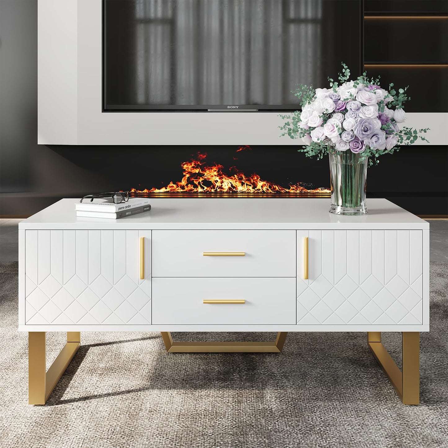 Peiaw Table Basse,Table Basse Salon,Table Basse Brillante,Table Basse carrée avec tiroirs,équipée de Deux Portes,Poignées et Pieds dorés,avec Grand Espace de Rangement,Table Basse 100 x 50 x 45cm