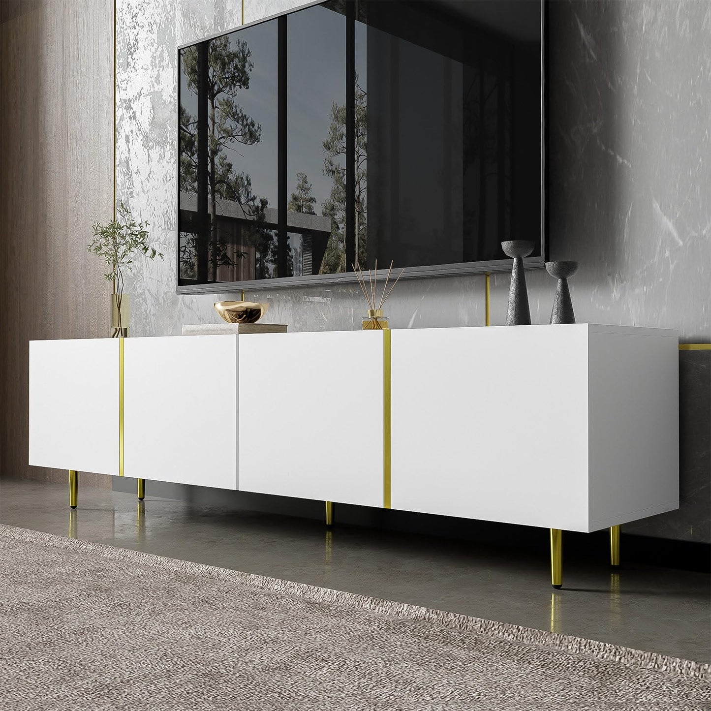 Meuble TV 170cm, Meuble Télé de Salon Quatre Portes Haute Brillance, Armoire De Télévision avec 2 Ports de Gestion des Câbles, Table Télévision Peut Accueillir Un Téléviseur de 70 Pouces, 170x35x46cm