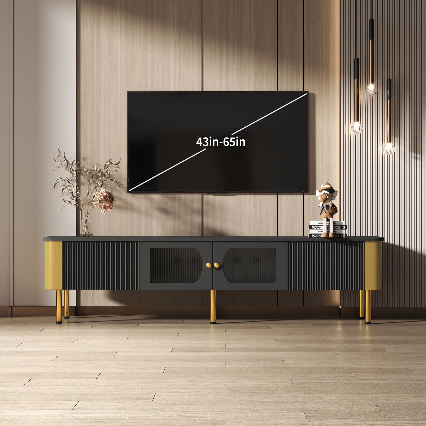 Meuble TV Moderne 170 cm Banc TV pour Téléviseurs Jusqu'à 65 Pouces, Tiroirs et Panneaux de Porte de Forme Spéciale, Poignées et Pieds Dorés, Forme D'arc, Élégant Luxueux Meuble Salon, Meuble TV Bas