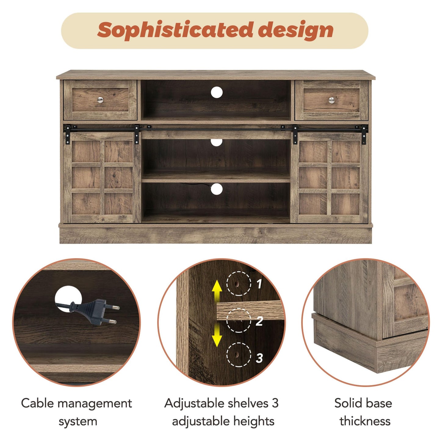 Meuble TV 150 cm Longueur Banc TV Gris Marron avec 2 Portes Coulissantes, 9 Compartiments de Rangement, 2 Tiroirs, Éclairage LED 16 Couleurs, Style Ferme Rétro en Grain de Bois pour TV Jusqu'à 60"