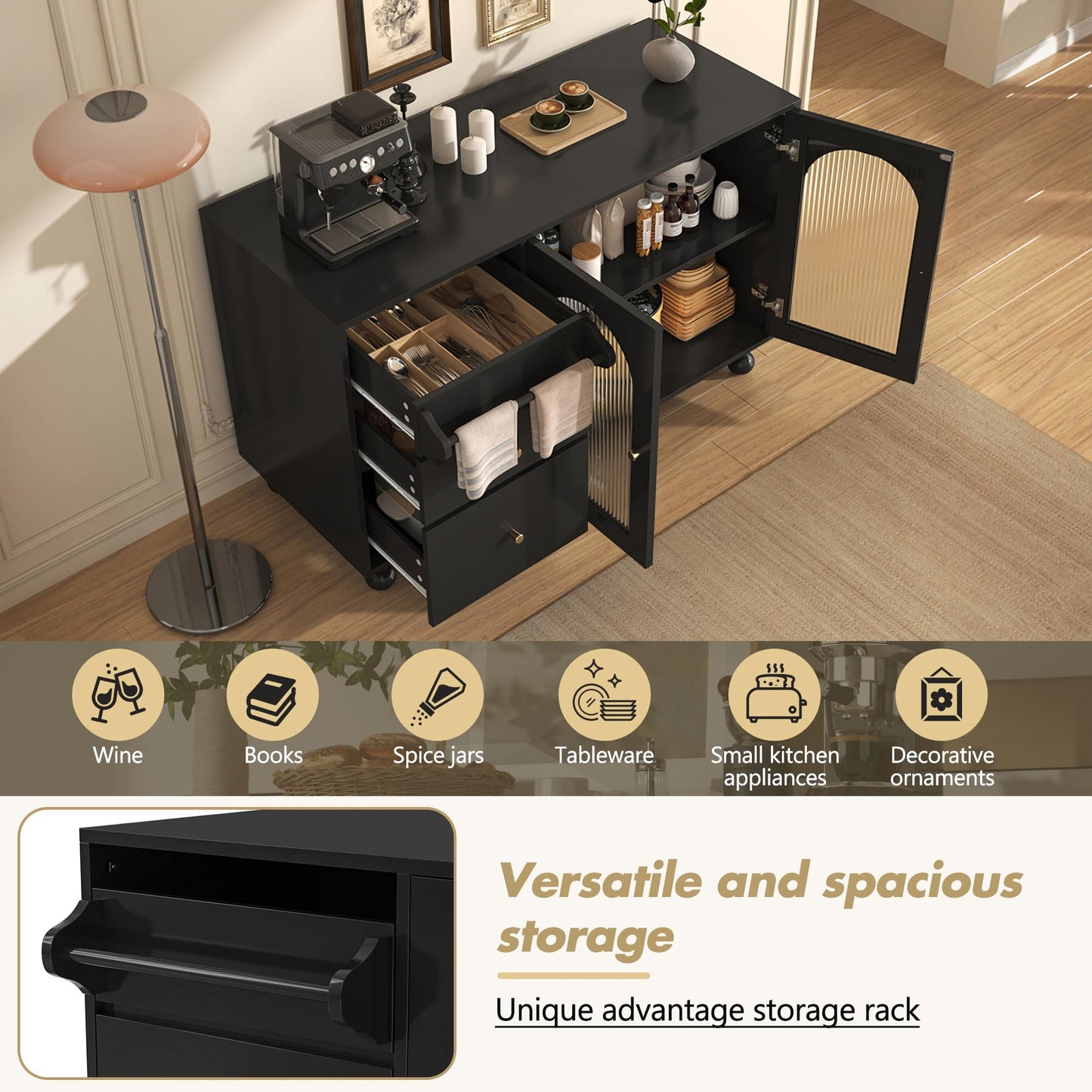 Buffet Salon Minimaliste Buffet Cuisine avec Porte en Verre Changhong et Porte-serviettes, Armoire de Rangement Élégante, Bahut pour Salle à Manger, Mobilier Moderne Multifonctionnel, Blanc/Noir