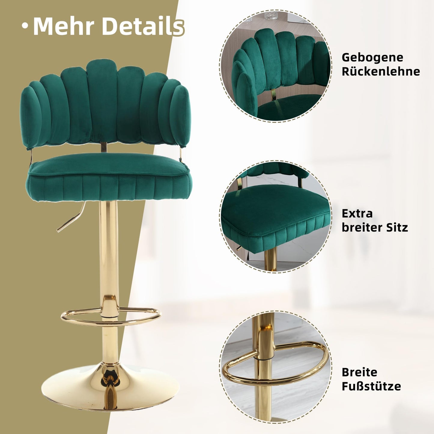 Tabouret Bar Lot de 2 Pivotants Velours Chaise de Bar à Hauteur Comptoir avec Dossier, Repose-pieds, Chaise Haute Bar Comptoir Réglables, Chaises D'îlot pour Salle à Manger, Noir/Gris/Ivoire/Émeraude
