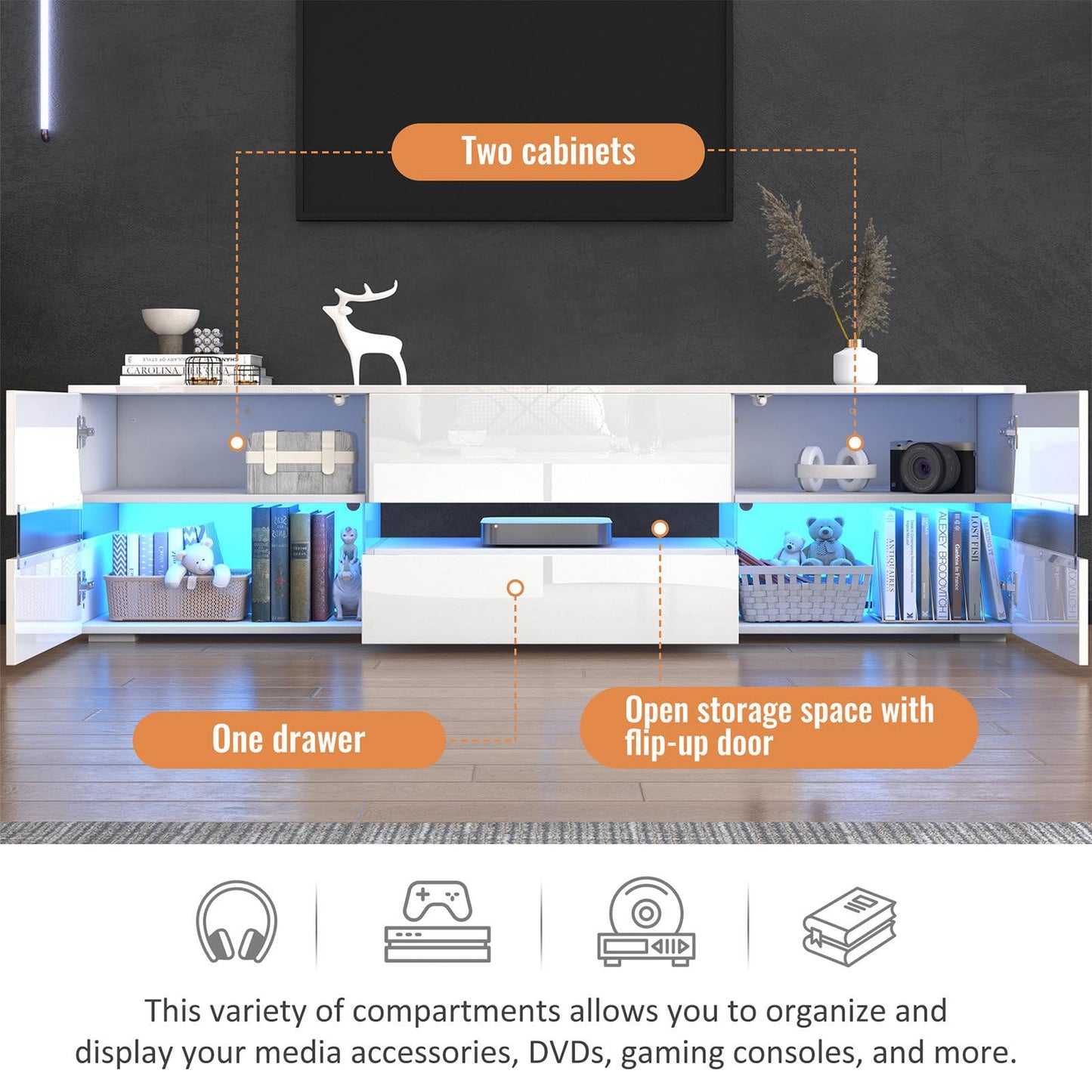 Meuble TV 160cm, Meuble Télé de Salon Peut Accueillir un Téléviseur de 70 Pouces, Armoire De Télévision Avec Éclairage LED 16 Couleurs, Table Télévision 2 Portes, 1 Tiroir et un Compartiment Ouvert