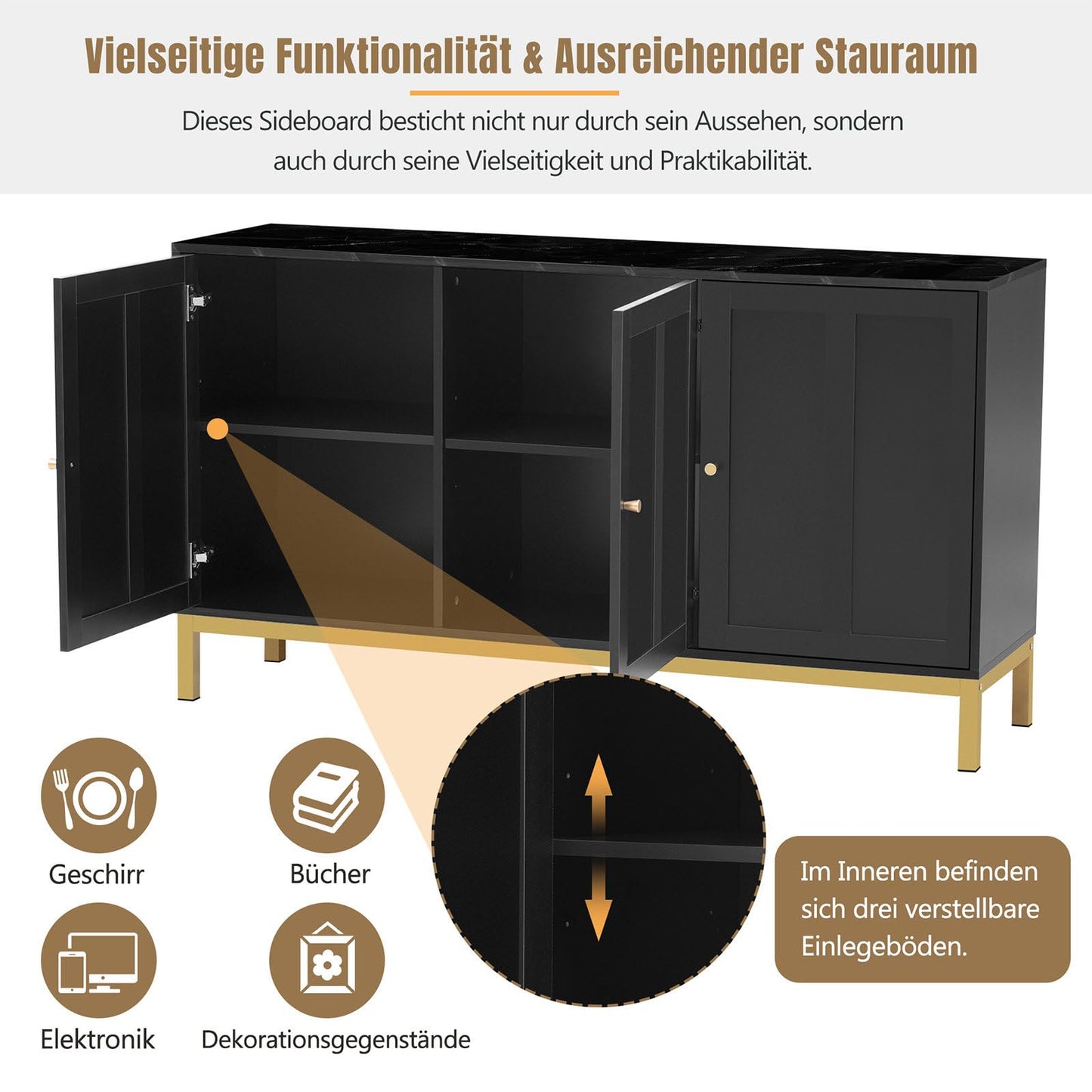 Buffet Cuisine 3 Porte, Armoire de Salon poignée en Laiton, Bibliothèque Moderne, Meuble de Rangement Portance élevée, Tablettes réglables, décalcomanie en marbre, 140 x 78.2 x 39.8 cm