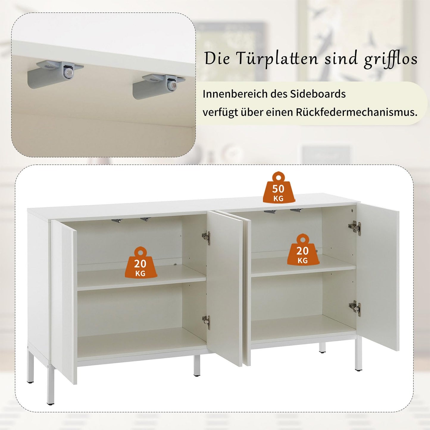 Sideboard mit 4 Türen, Küchenschrank, Mehrzweckschrank für Wohnzimmer, Kommode, 4-türig grifflose Tür, Metallrahmen, Regal Höhenverstellbar, Hohe Tragfähigkeit, 145 x 80 x 41.5 cm (B/H/T)