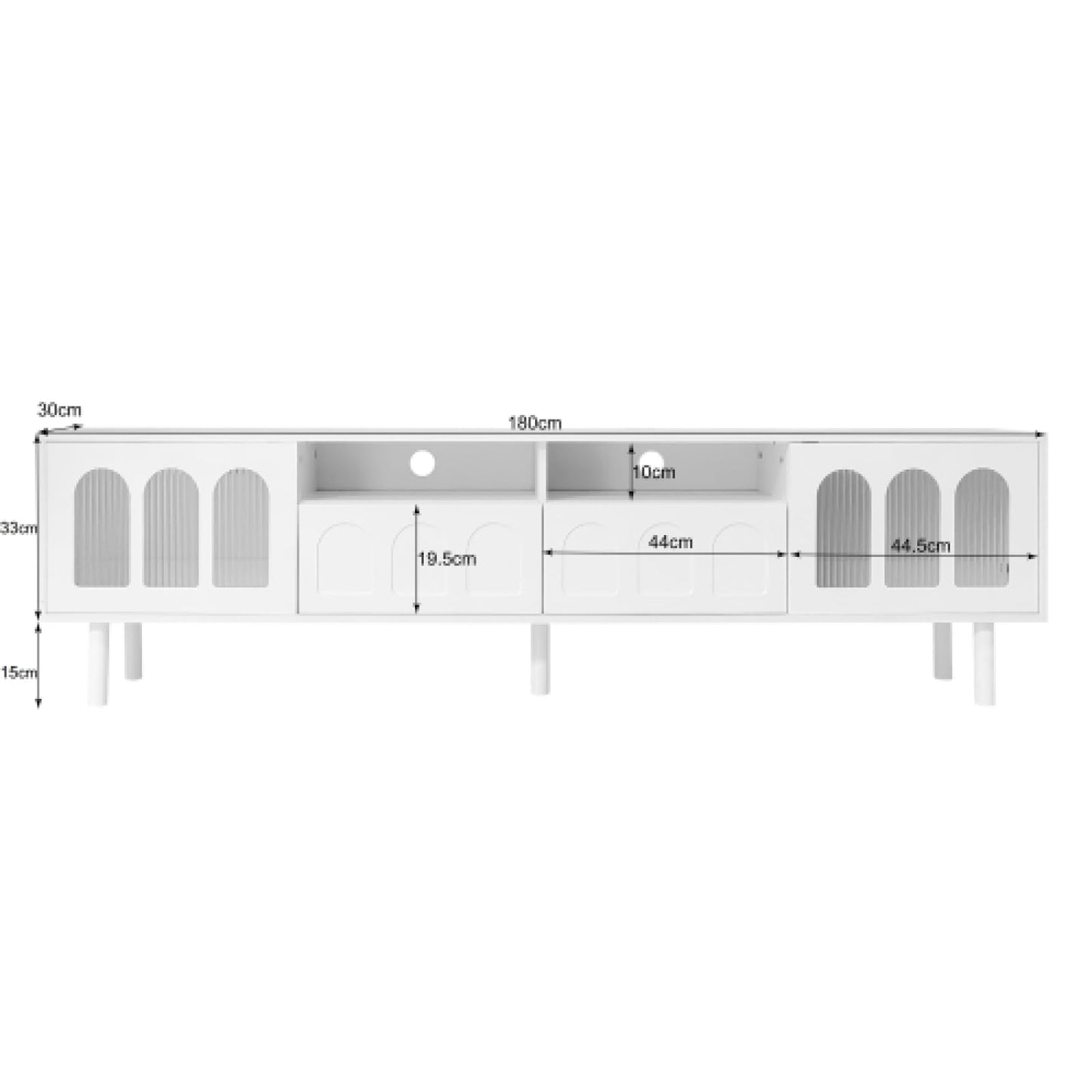 Meuble TV, Table TV à Porte vitrée cintrée, Meuble TV de Salon avec Porte Push-Open, Banc TV, Meuble TV à Structure symétrique, Meuble TV de Salon avec cloison Ouverte, Meuble TV 180cmx30cmx48cm