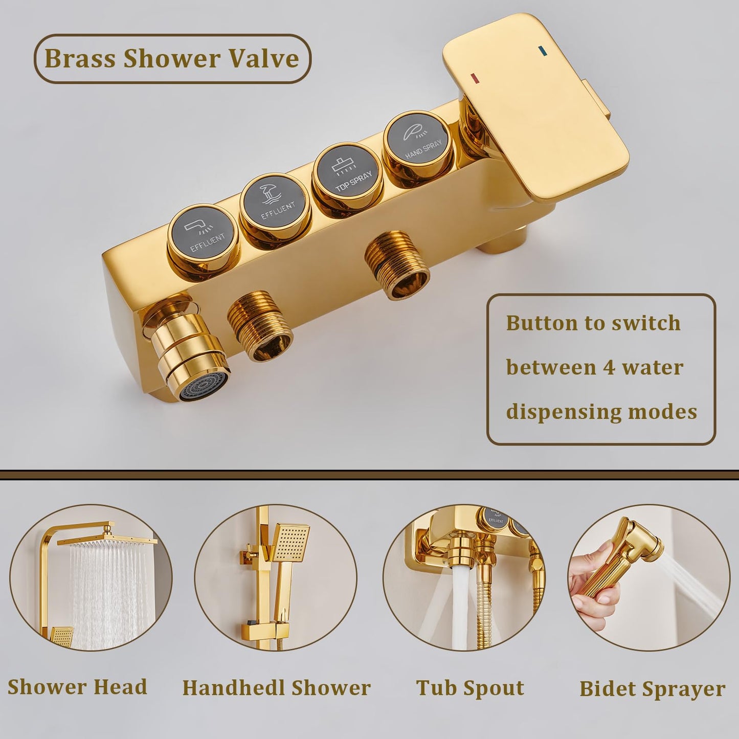 Colonne de Douche D'or Système de Douche Montage Mural Ensemble de Douche avec 22cm * 22cm Tête de Douche, Douchette à Mains, Robinet de Baignoire, Bidet Pulvérisateur