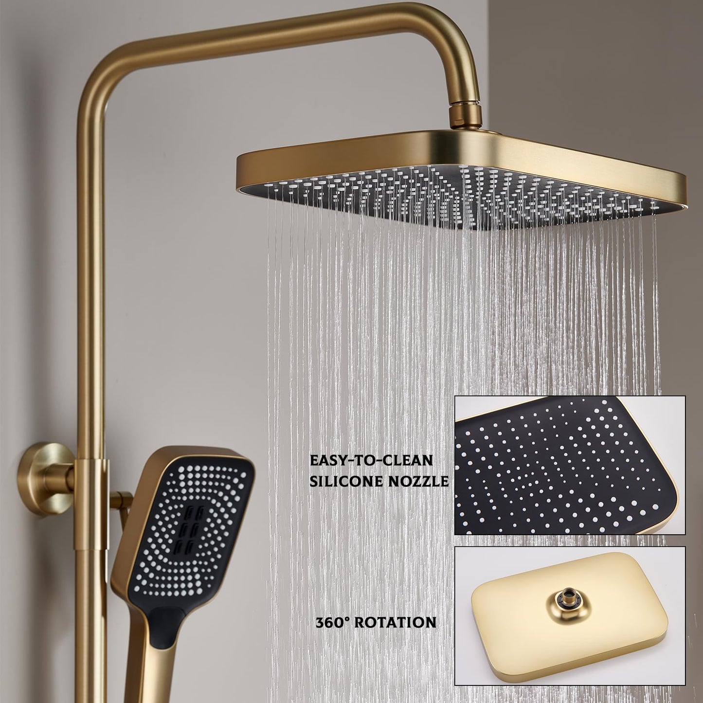 OihPaw Or Brossé Colonne de Douche avec Mitigeur, Système de Douche avec Affichage Numérique LED Ensemble de Douche avec 32 * 20CM Pomme de Douche e Douchette à 3 Modes