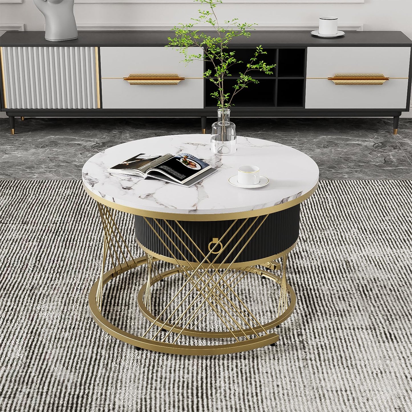 Table Basse,table basse ronde blanc,Lot de 2 Tables Basses de Salon Gigognes avec tiroirs, table de salon moderne aspect marbre et structure en acier doré, table de salon 70x70x45cm et 50x50x40cm