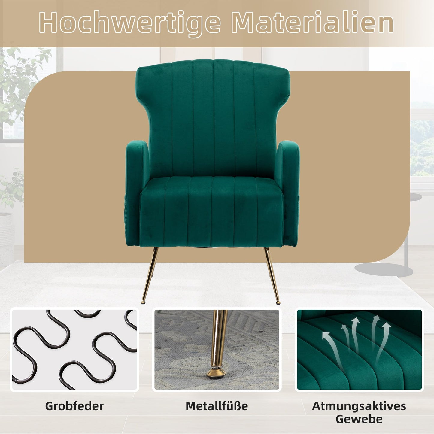 SHUGUANG Fauteuil Confortable Velours, Fauteuil Salon Confortable Chaise Coiffeuse avec Pieds Métalliques Dorés, Forme de Chaise Cigare Chaise de Lecture en Vigueur Chambre à Coucher, Salon
