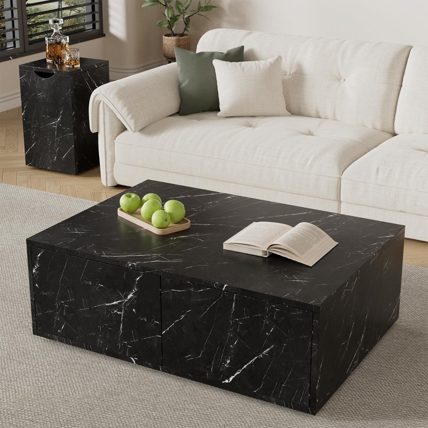Table basse,Table d'appoint de canapé,Lot de 2 tables basses modernes noires,Table basse carrée avec tiroirs,Table basse motif marbre,Table basse modulable,Table basse 100x33,5x70cm et 32x32x50cm