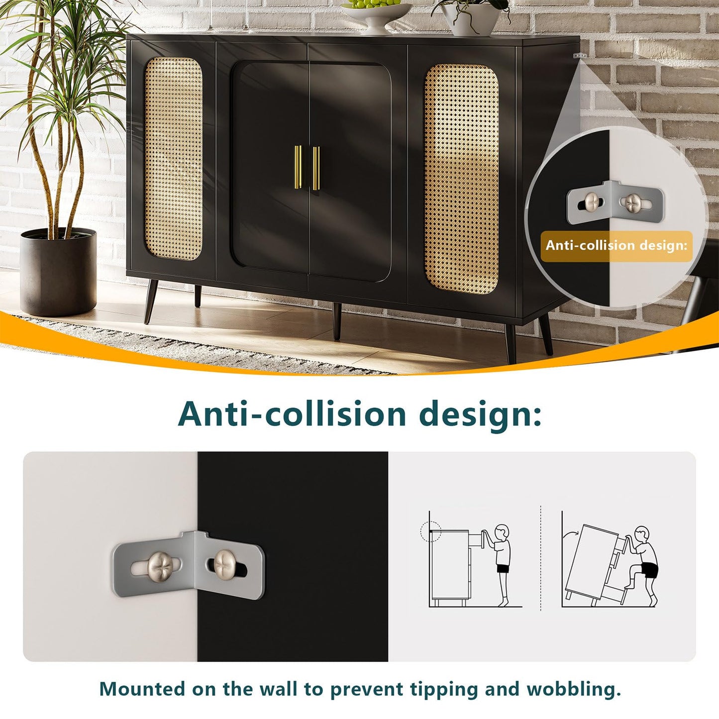 Buffet Cuisine, Meuble de Rangement, Commode 4 Portes, Armoire de Salon Porte D'armoire en Rotin, Bibliothèque Anti-Basculement, Étagères Réglables, Porte Blister, 120 x 89 x 35 cm (L/H/P), Noir