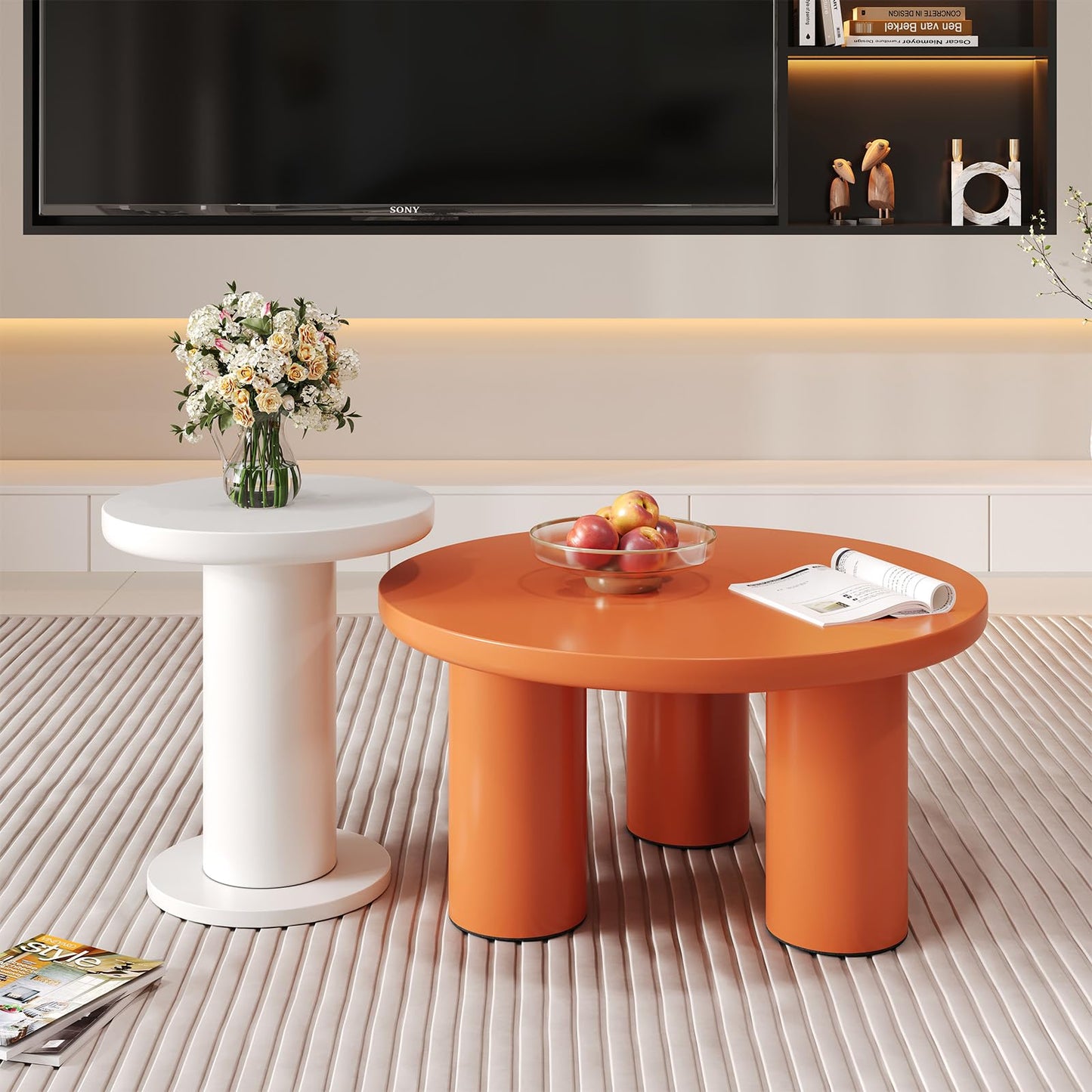 Peiaw Table Basse,Table Basse Minimaliste Moderne,Ensemble de Table Basse Ronde,Table Basse Blanche et Orange de Style crème,Colonne de Support cylindrique,Table Basse 39,8x39,8x42,2 + 100x100x40 cm