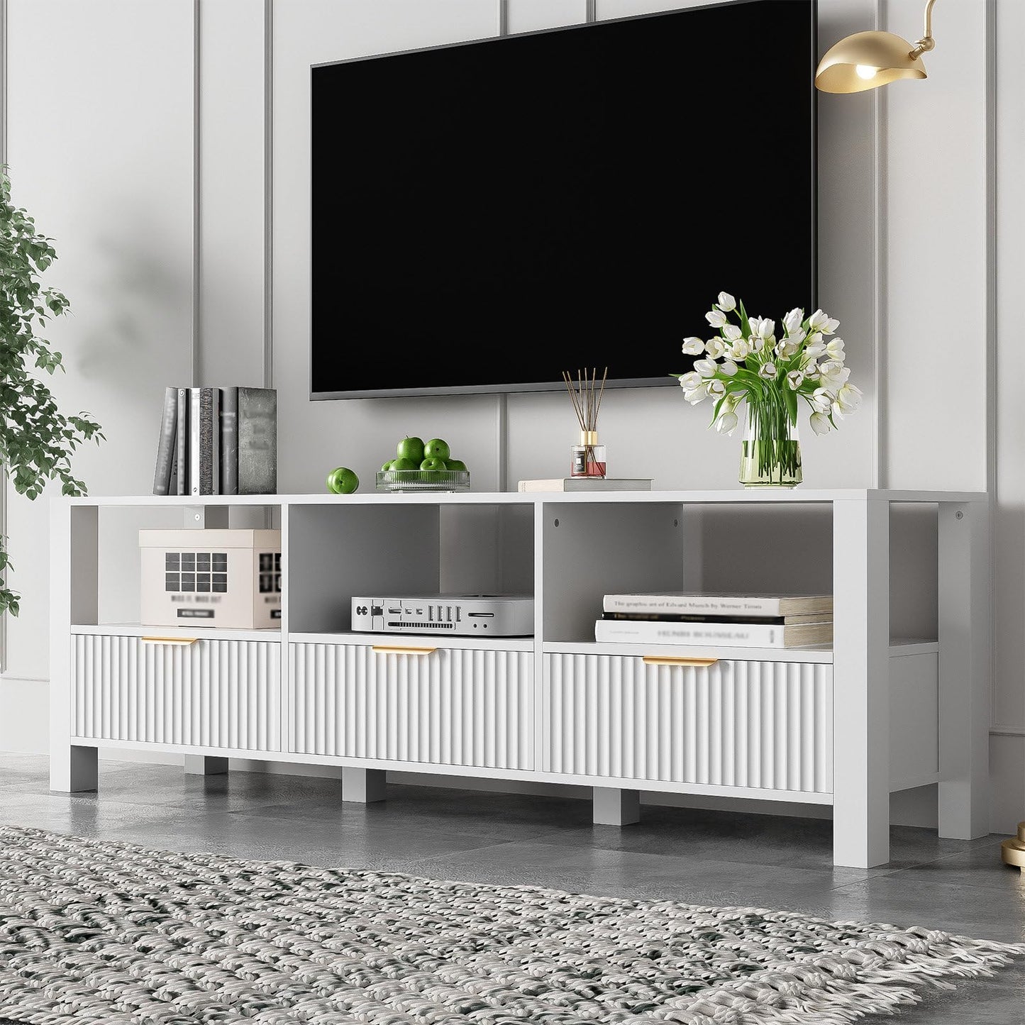 Meuble TV, Meuble Télé de Salon avec Éclairage LED 16 Couleurs, Armoire De Télévision avec 3 Tiroirs et 3 Compartiments Ouverts, Capacité de Charge de 130 lb, Poignée Dorée, 152.5 x 39.5 x 50 cm