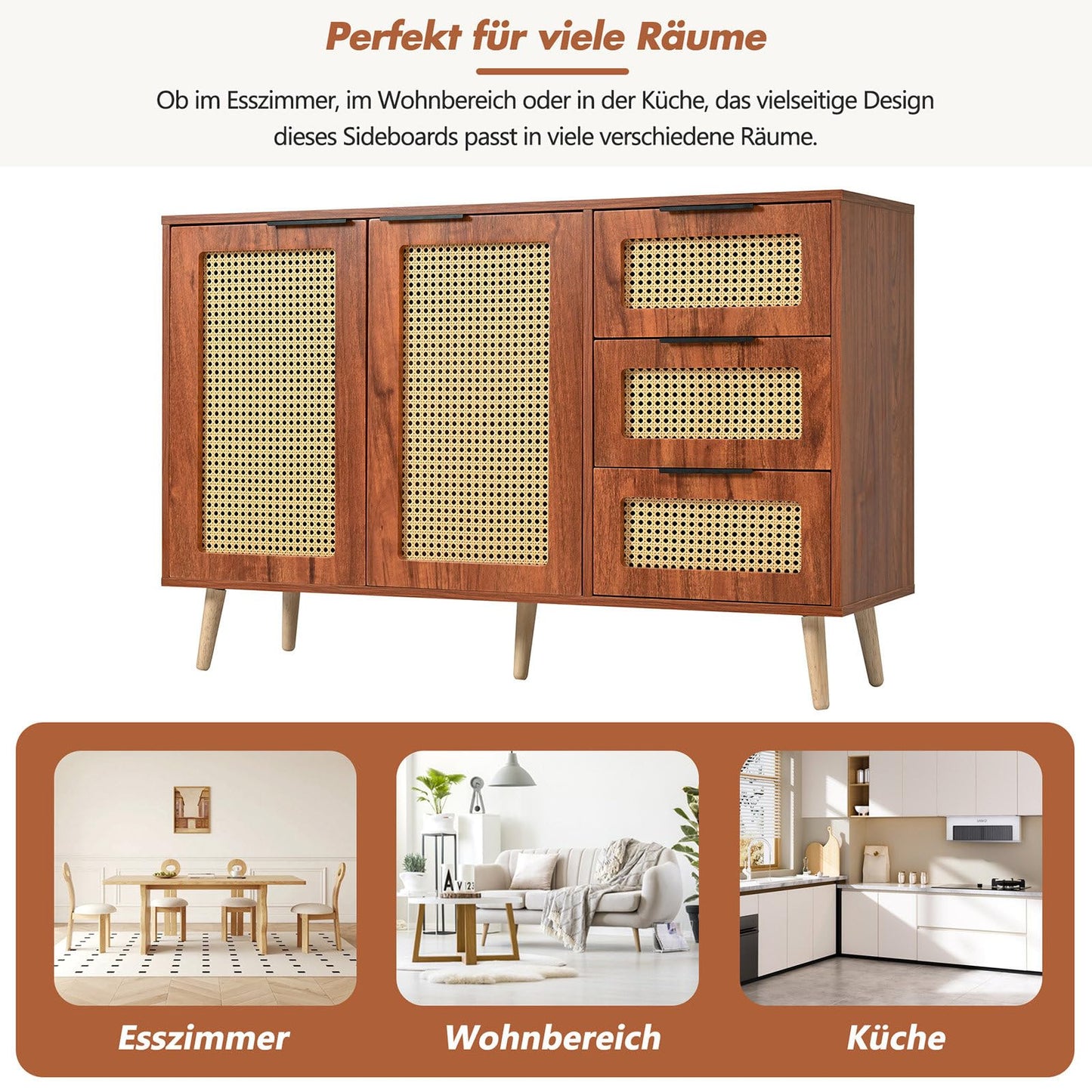 Meuble de Rangement, Buffet de Cuisine avec 2 Portes et 3 Tiroirs, Armoire de Salon Conception de Tissage en Rotin, Étagère Rangement Étagères Réglables, Poignée en Métal Peint, 120x38x78cm
