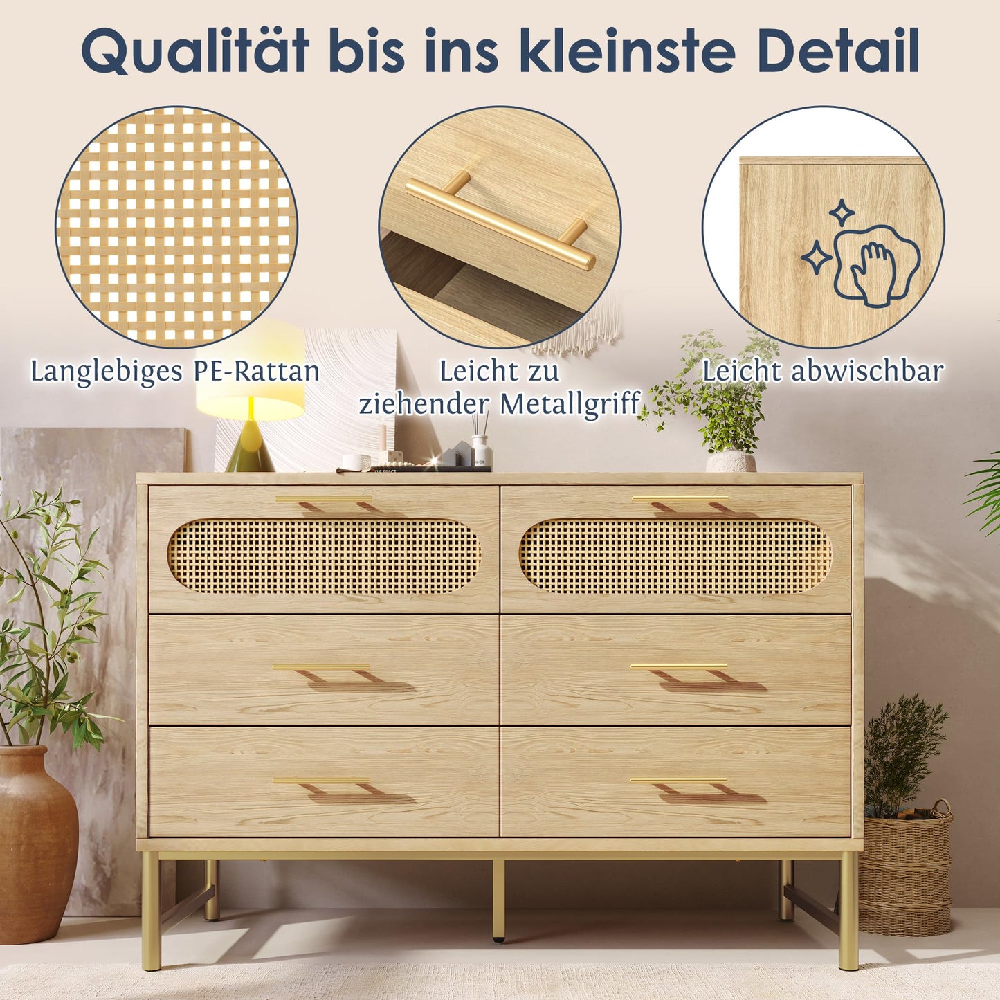 SHUGUANG Buffet en Rotin avec 6 Tiroirs, Commode de Chambre Style Bohème, Vaisselier, Meuble de Rangement pour Salon et Entrée, Poignées en Métal Doré, Anti-Inclinaison, 120 x 40 x 74 cm, Chêne