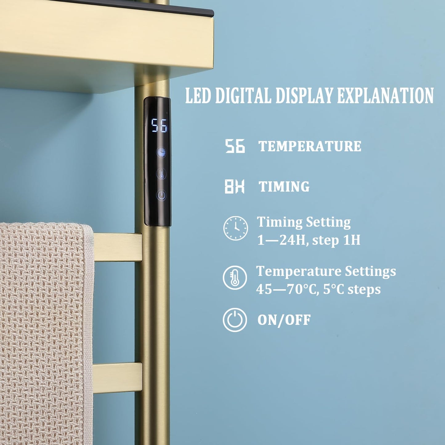 Sèche-Serviettes Électrique Intelligent WiFi Commande Vocale avec Étagère Pliable, avec Minuterie, 45-70 °C, 5 Barres 65 W Porte-Serviettes Chauffant, 85x50CM Radiateur De Salle De Bain