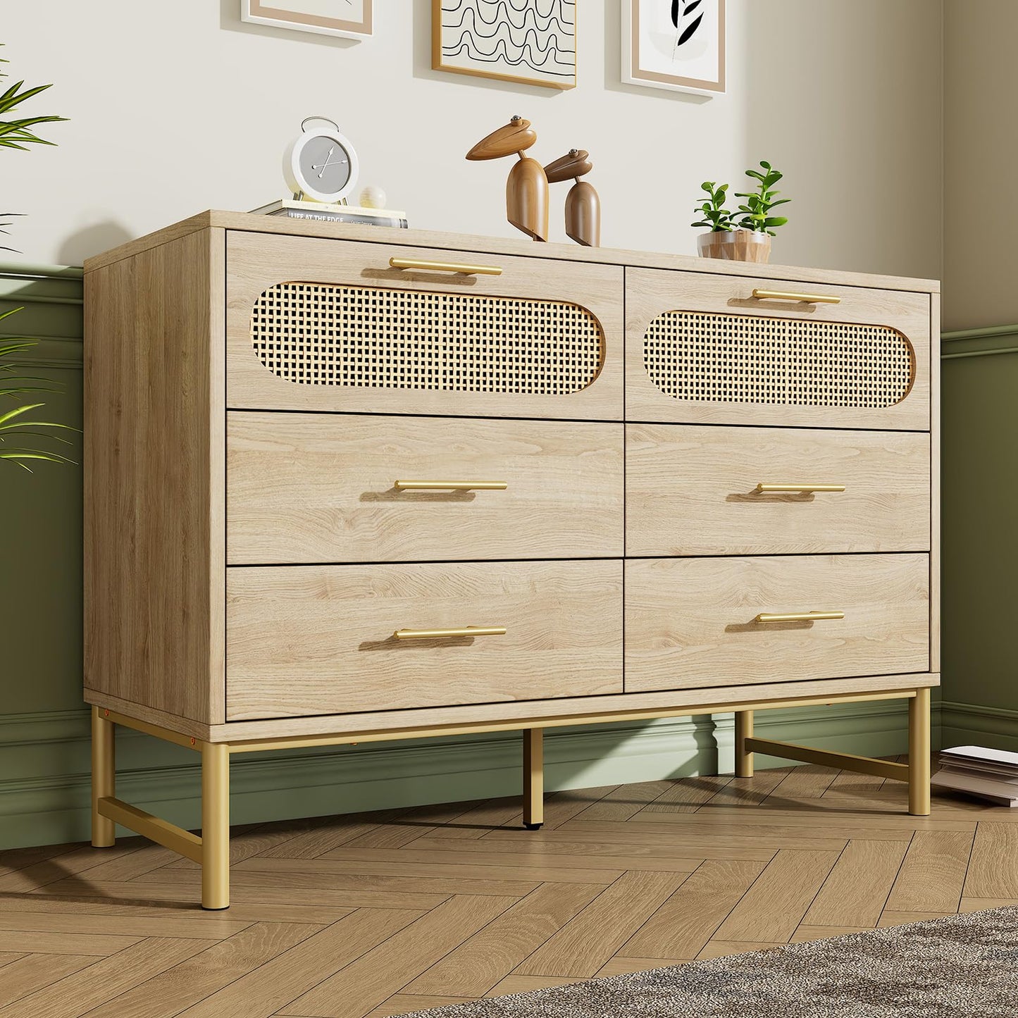 Peiaw Buffet,Meuble de Rangement en Bois,Commode en rotin,étagères réglables,Meuble de Rangement avec 6 tiroirs, Armoires de Cuisine avec poignées et Pieds en métal,120 x 40 x 74 cm