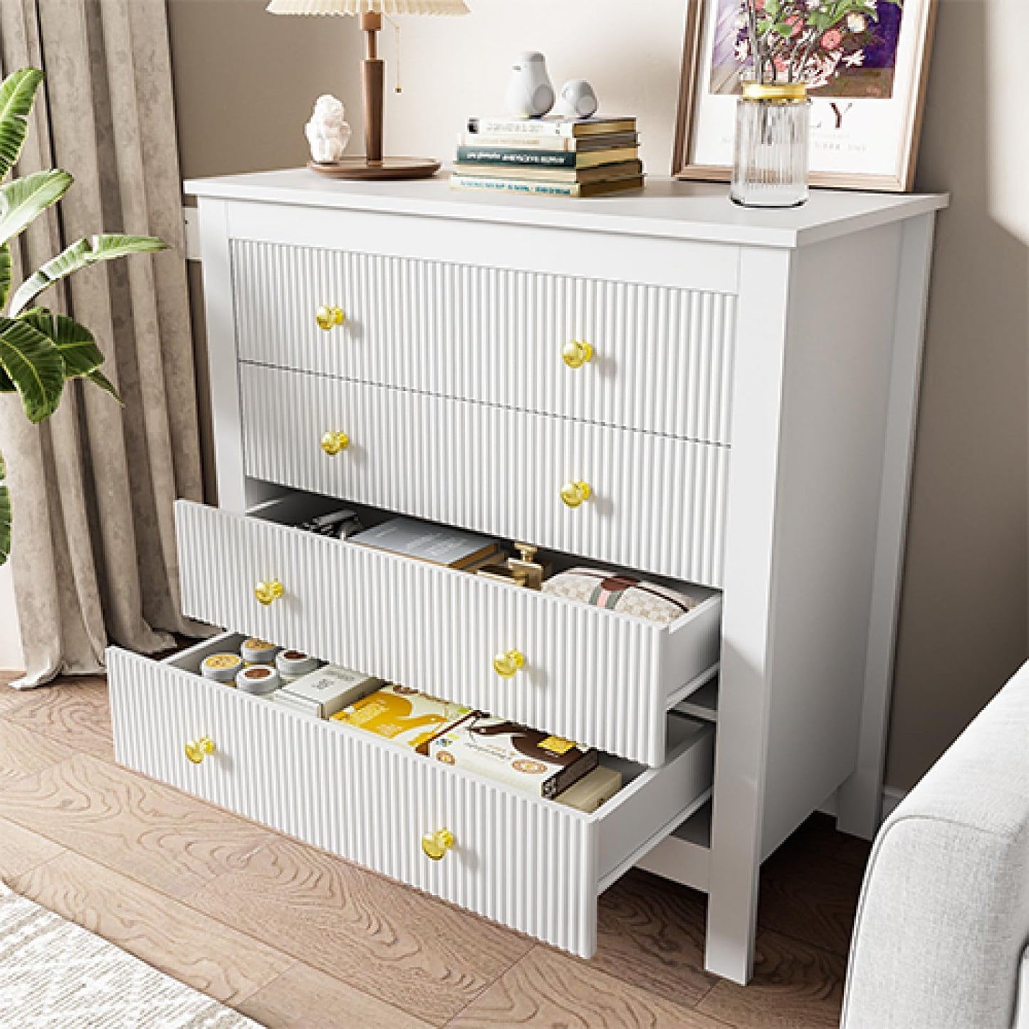 Peiaw Commode,Blanc bahut de Salle a Manger,Commode Verticale à 5 tiroirs,Commode avec poignées dorées, casier, Meuble à Chaussures 79 x 39.5 x 80.5 cm, adapté pour Balcon, Chambre et Bureau