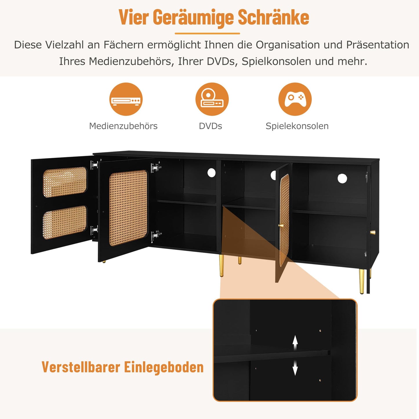 Meuble TV Blanc Banc TV en Rotin avec 4 Portes en Rotin,pour Téléviseurs Jusqu'à 80 pouces,180x40x72cm, Meubles TV élégants pour Salon Chambre,étagères réglables en Hauteur, Grand Espace de Rangement