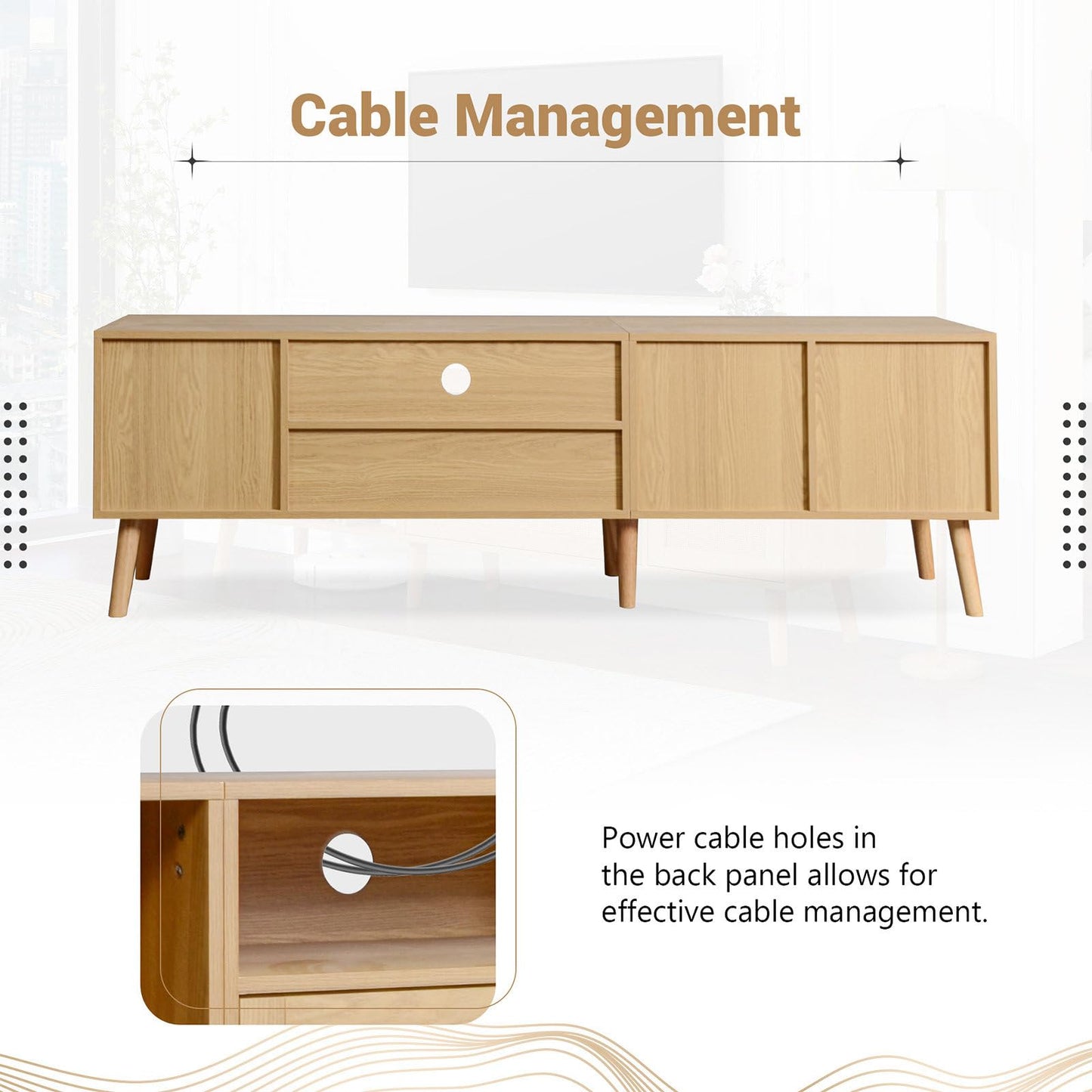 Meuble TV 180cm, Armoire De Télévision Rotin Tressé, Meuble Télé de Salon Pieds en Bois Massif, Table Télévision Convient Aux Téléviseurs de 80 Pouces, 2 Portes, 1 Tiroirs et 3 Étagères Ouvertes