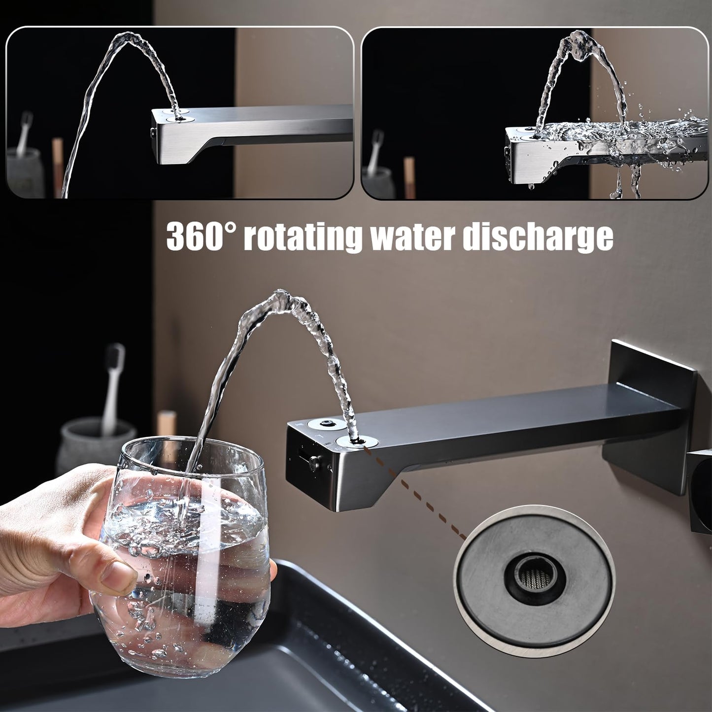 Mitigeur Lavabo Affichage Numérique LED Robinet Lavabo Gris Pistolet Robinet Cascade Mural Robinet Salle de Bain 3 Fonctions Mitigeur Salle de Bain avec Boîte Intégrée
