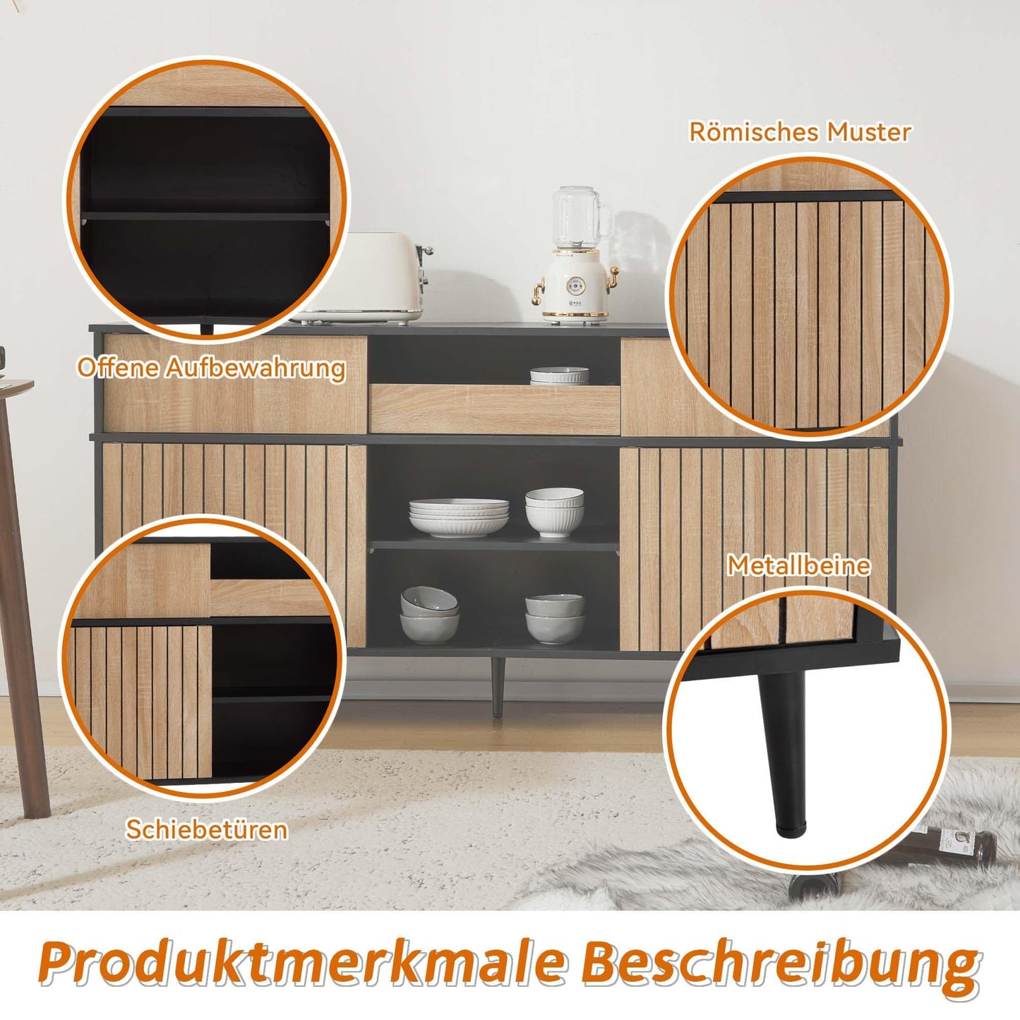 SHUGUANG Buffet élégant moderne avec 4 portes coulissantes et 1 tiroir, chêne combiné avec noir, armoire de buffet pour salon, cuisine, chambre à coucher, entrée, 160 x 40 x 80 cm