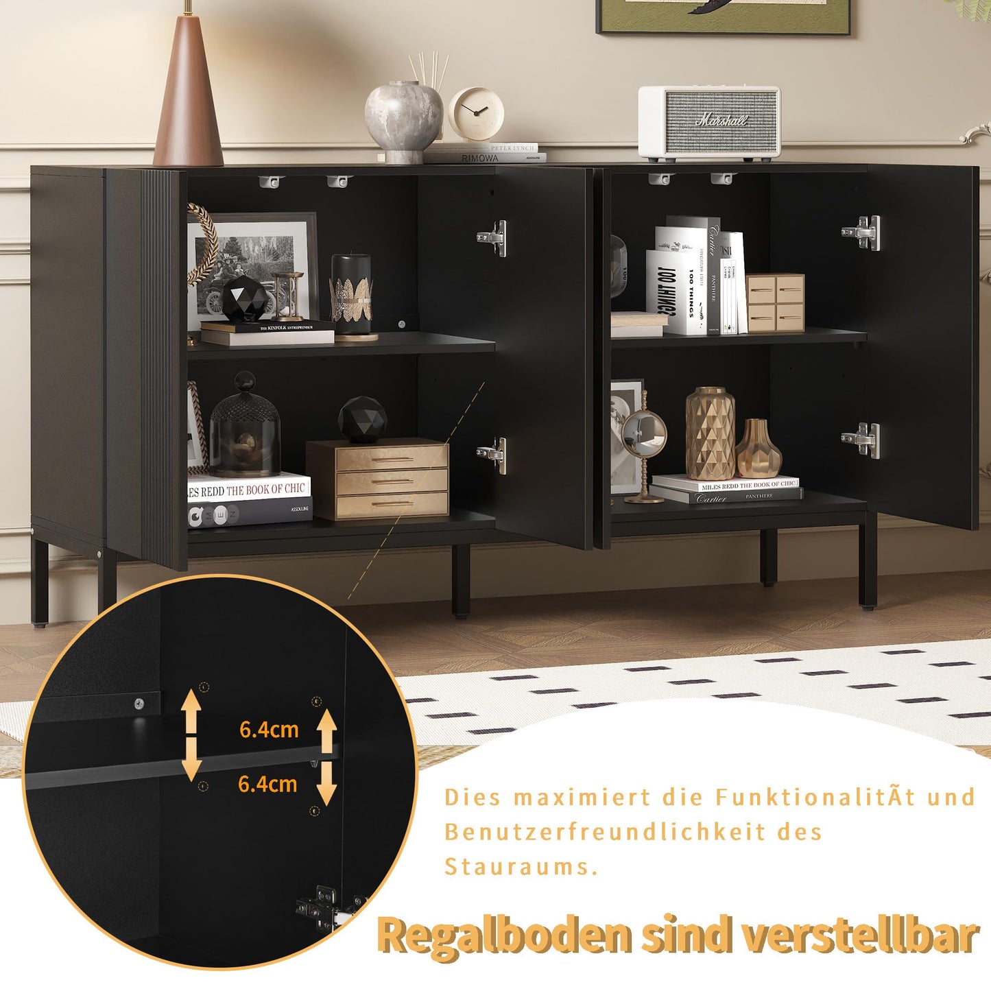 Buffet Blanc Moderne à 4 portes, Buffet Salle a Manger aux Lignes Uniques, Étagères Réglables, Porte sans Poignée, Beaucoup d'espace de Rangement, Vaisselier Bois, pour Salle à Manger Salon Cuisine